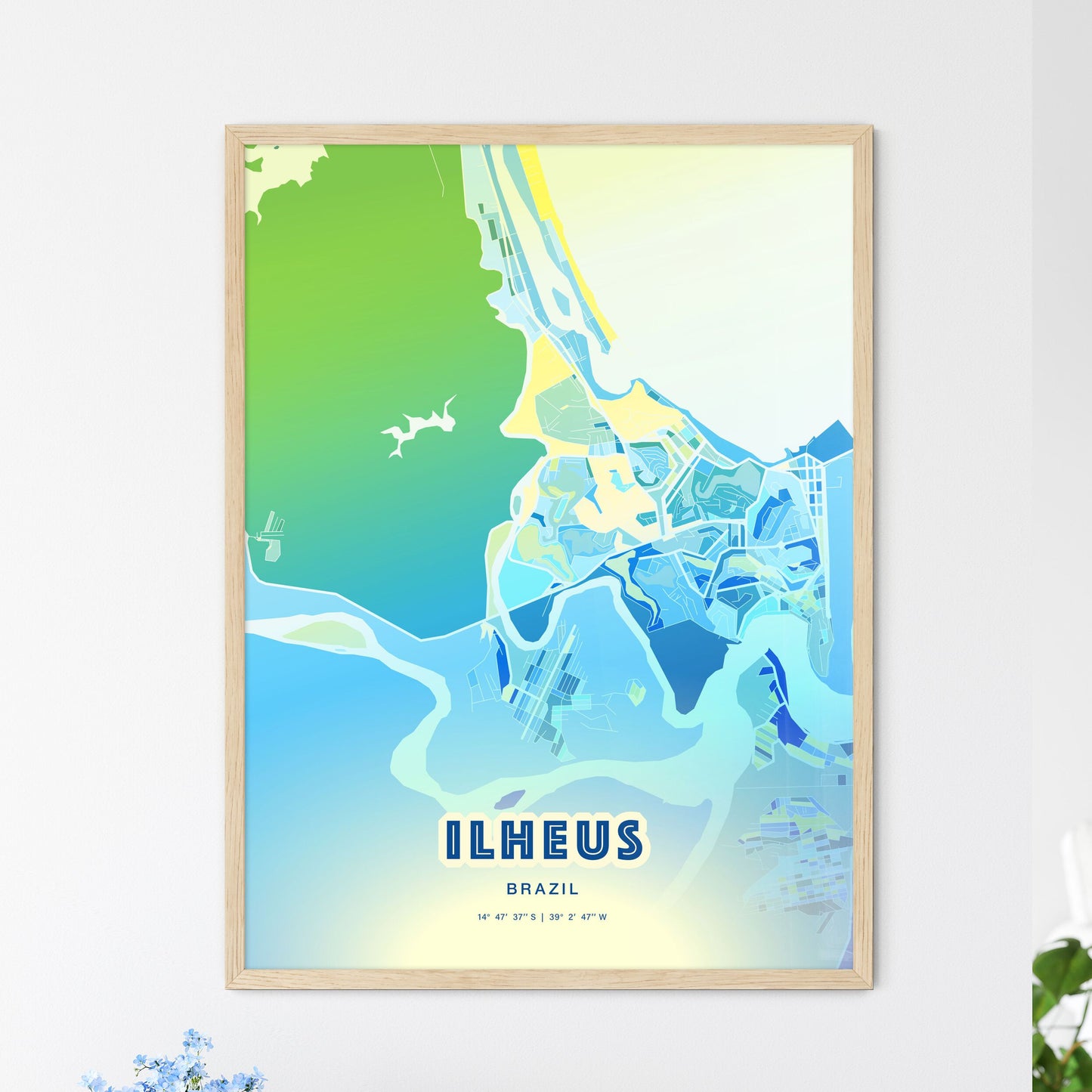 Colorful ILHEUS BRAZIL Fine Art Map Cool Blue