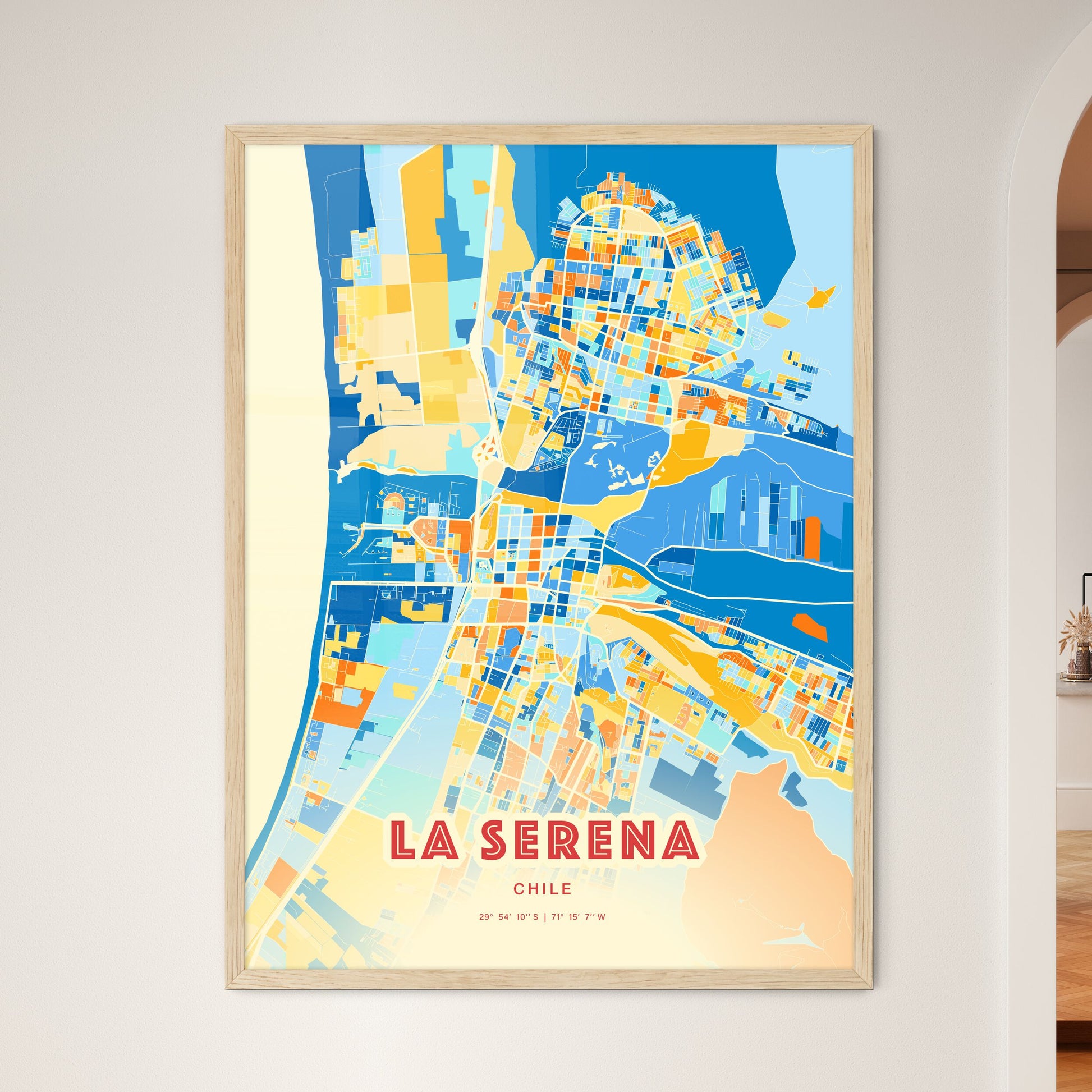 Colorful LA SERENA CHILE Fine Art Map Blue Orange