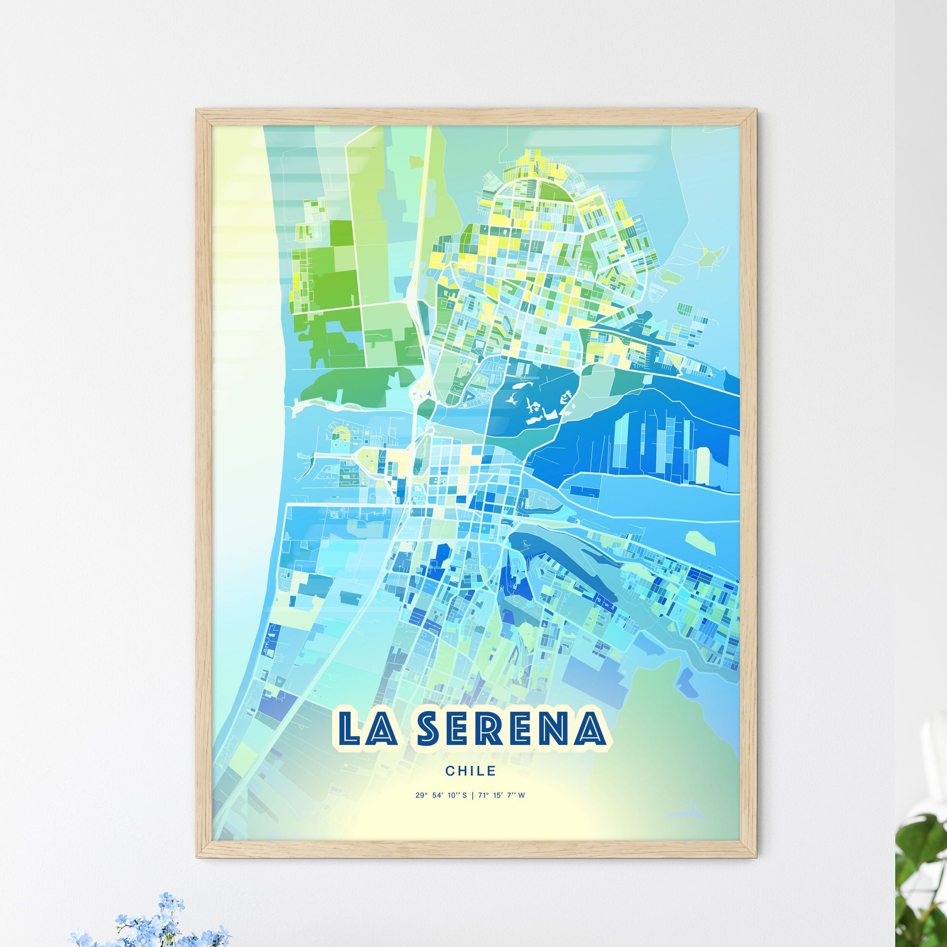 Colorful LA SERENA CHILE Fine Art Map Cool Blue