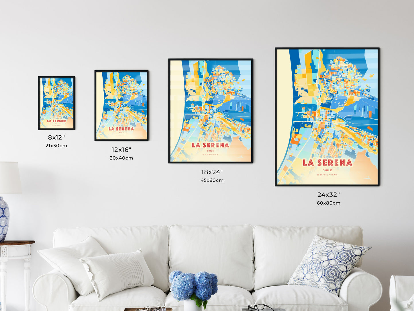 Colorful LA SERENA CHILE Fine Art Map Blue Orange