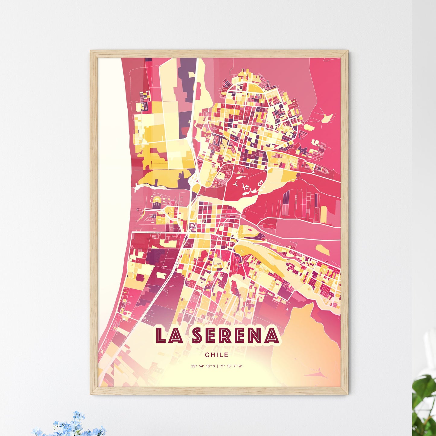 Colorful LA SERENA CHILE Fine Art Map Hot Red