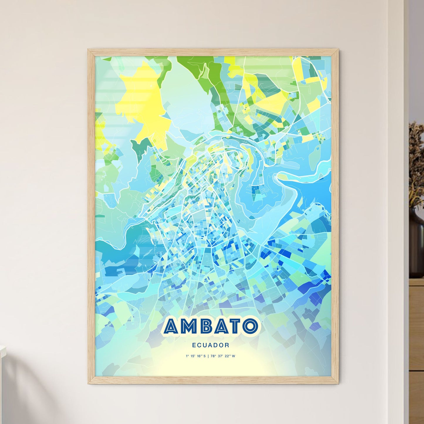 Colorful AMBATO ECUADOR Fine Art Map Cool Blue