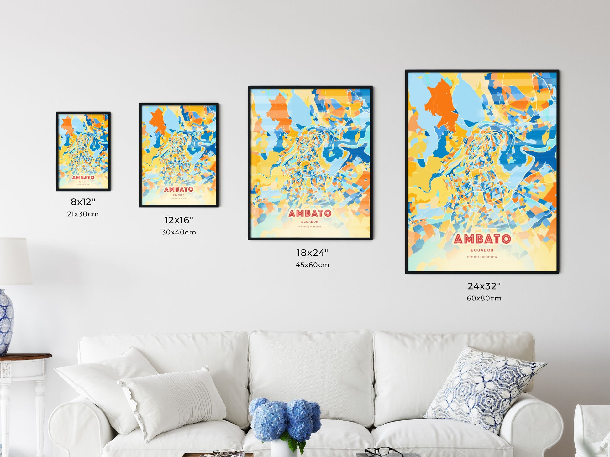 Colorful AMBATO ECUADOR Fine Art Map Blue Orange