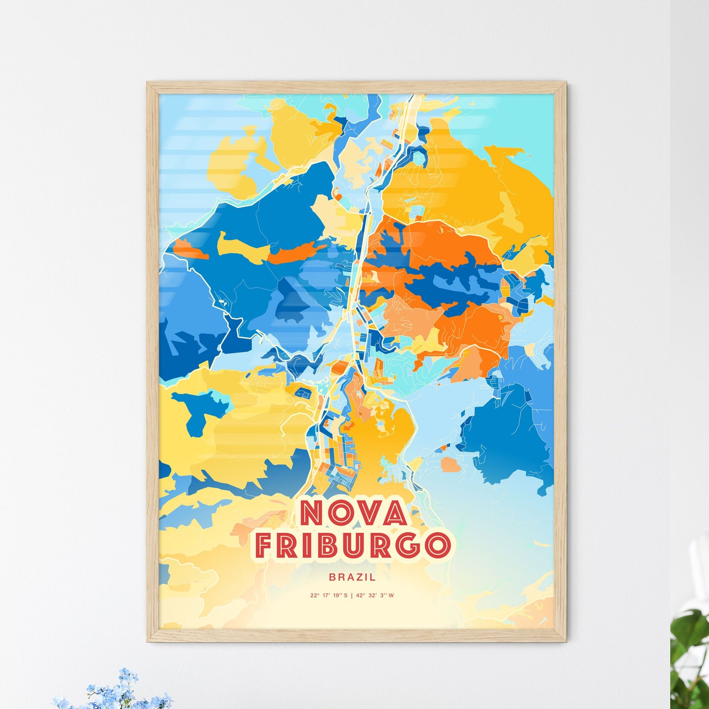 Colorful NOVA FRIBURGO BRAZIL Fine Art Map Blue Orange