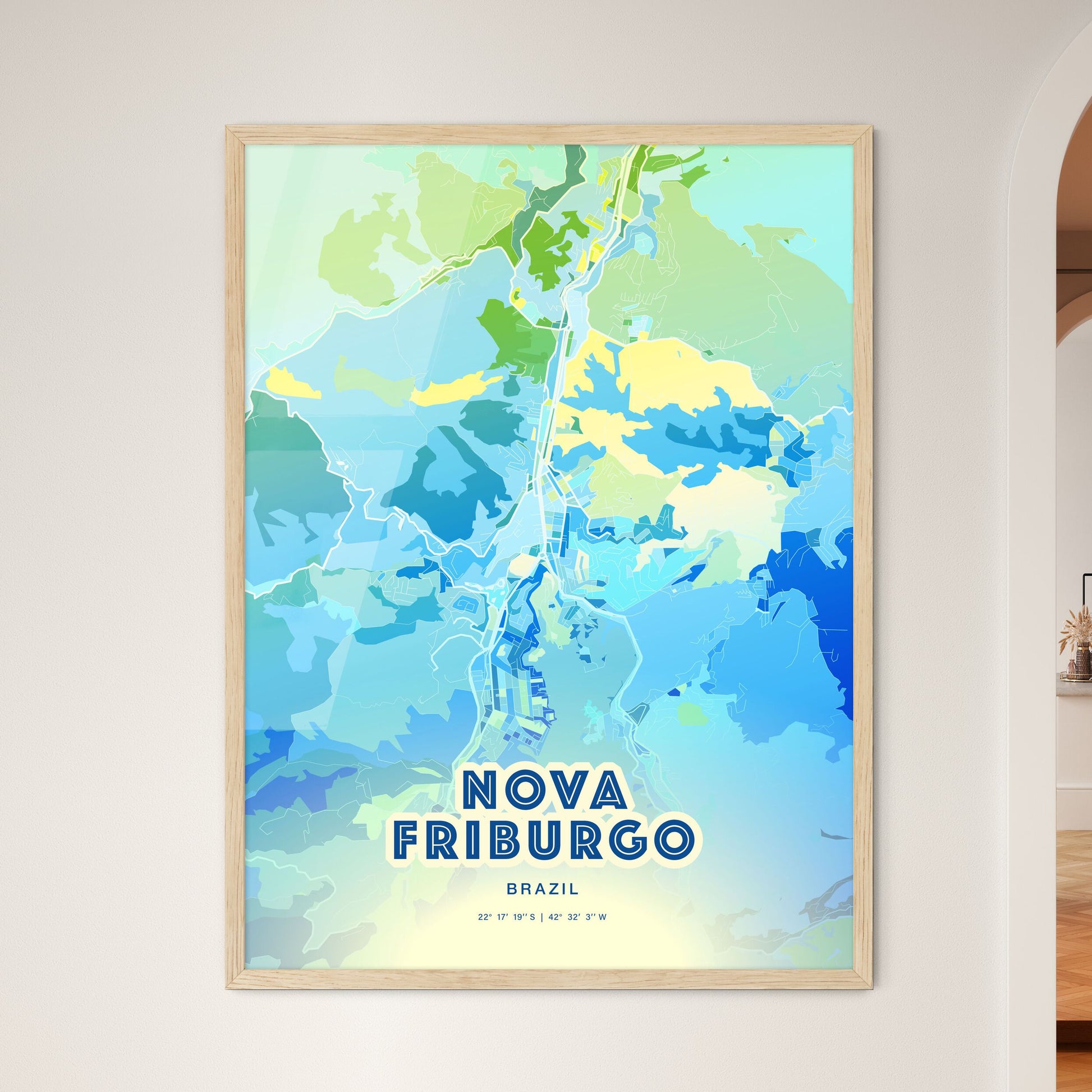 Colorful NOVA FRIBURGO BRAZIL Fine Art Map Cool Blue