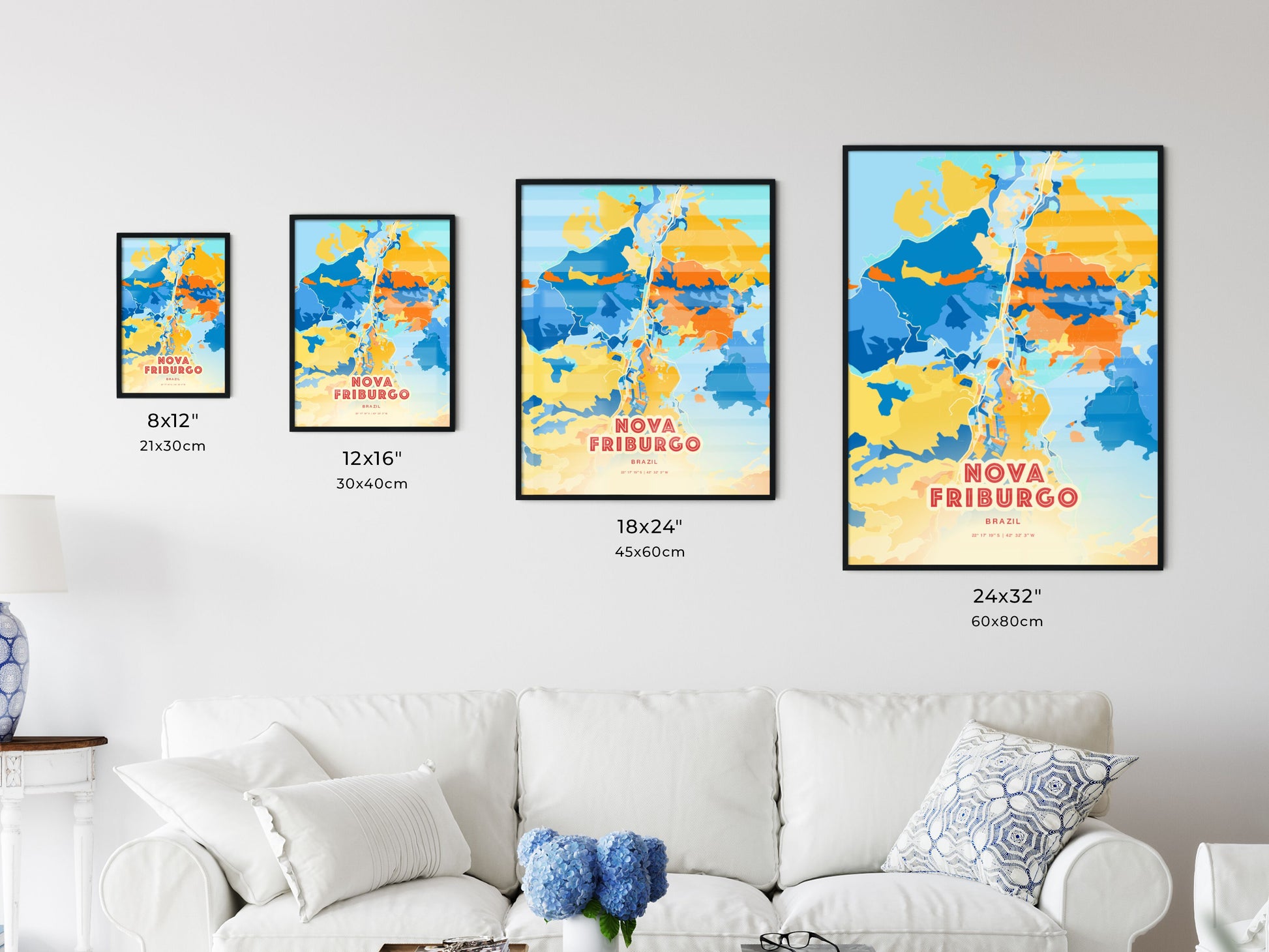 Colorful NOVA FRIBURGO BRAZIL Fine Art Map Blue Orange