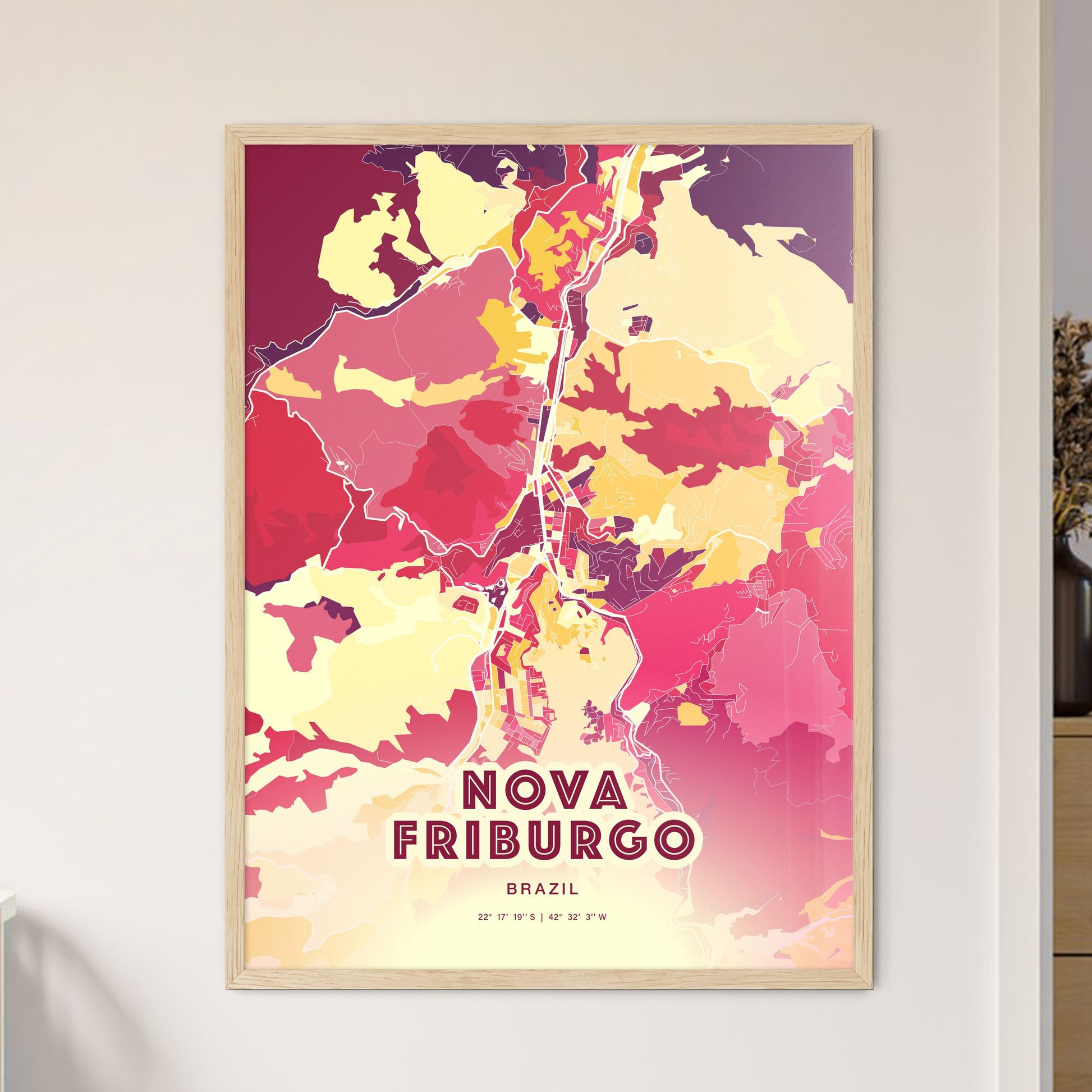 Colorful NOVA FRIBURGO BRAZIL Fine Art Map Hot Red