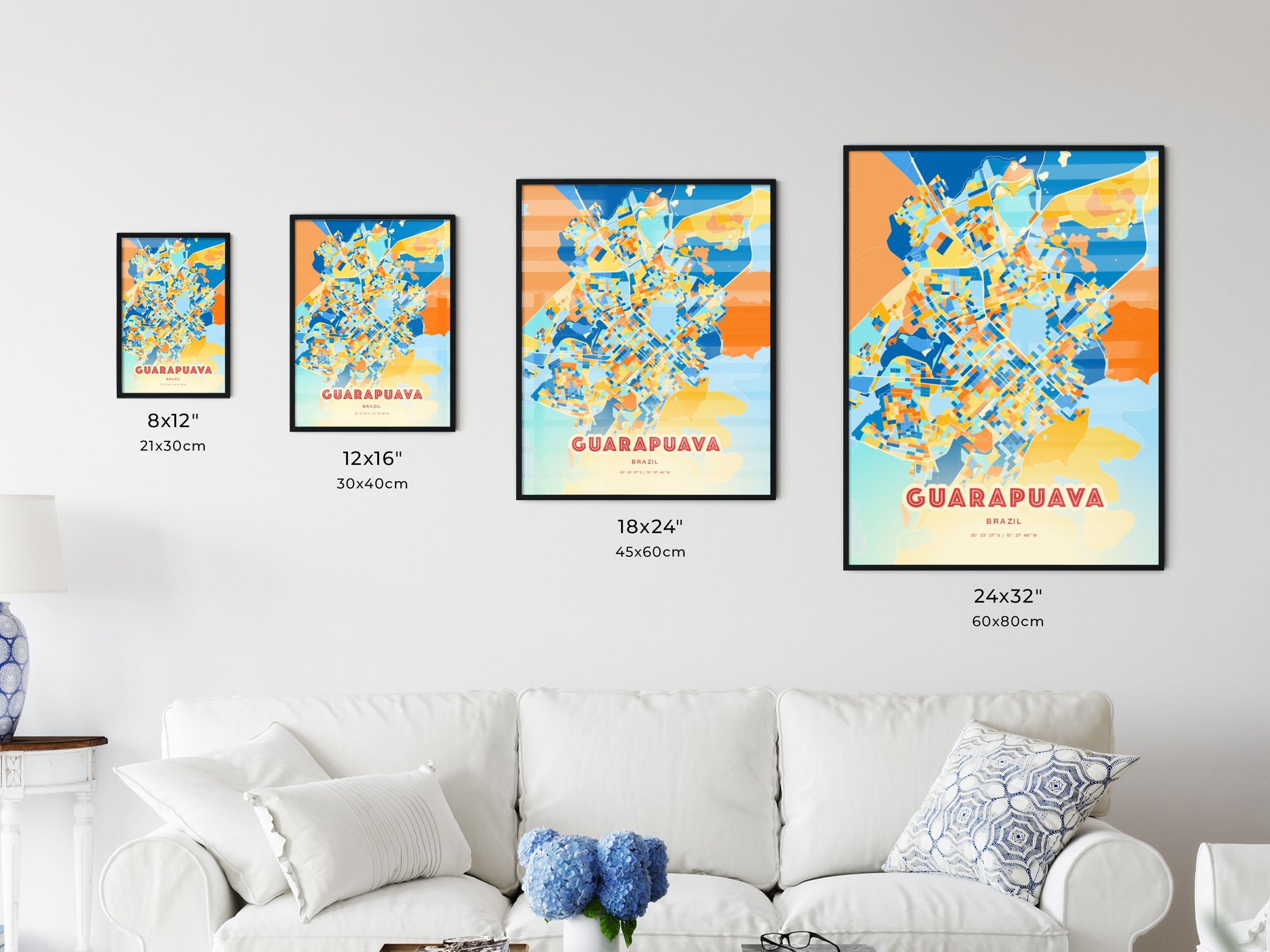 Colorful GUARAPUAVA BRAZIL Fine Art Map Blue Orange