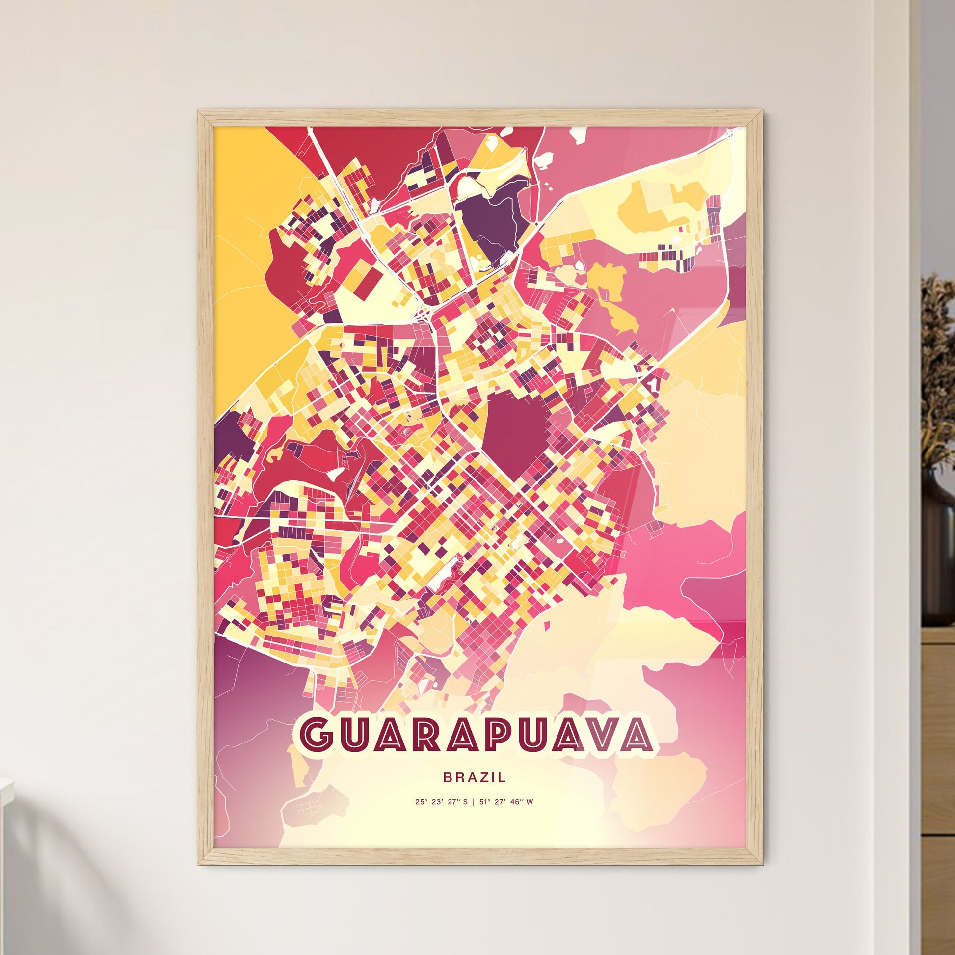 Colorful GUARAPUAVA BRAZIL Fine Art Map Hot Red
