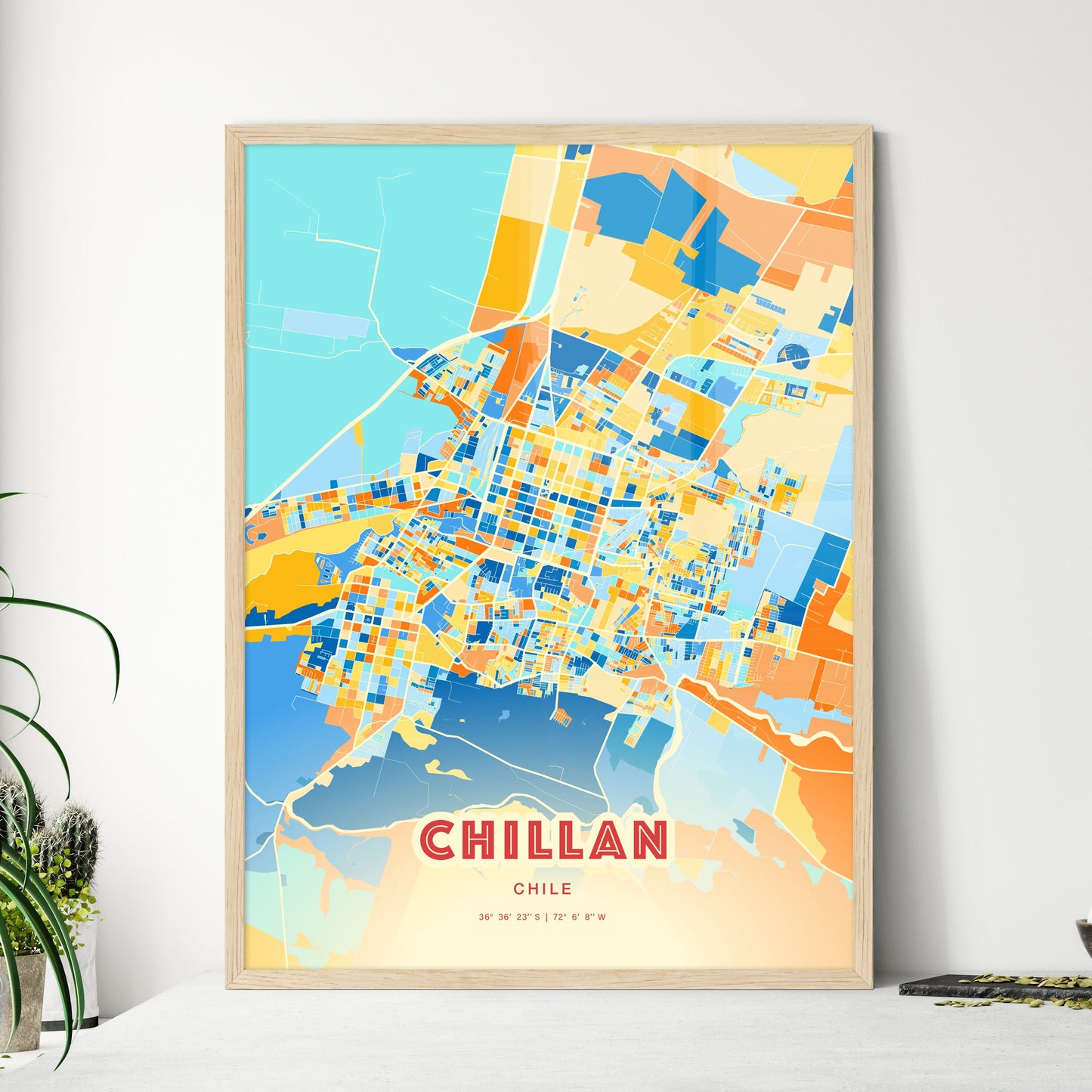 Colorful CHILLAN CHILE Fine Art Map Blue Orange