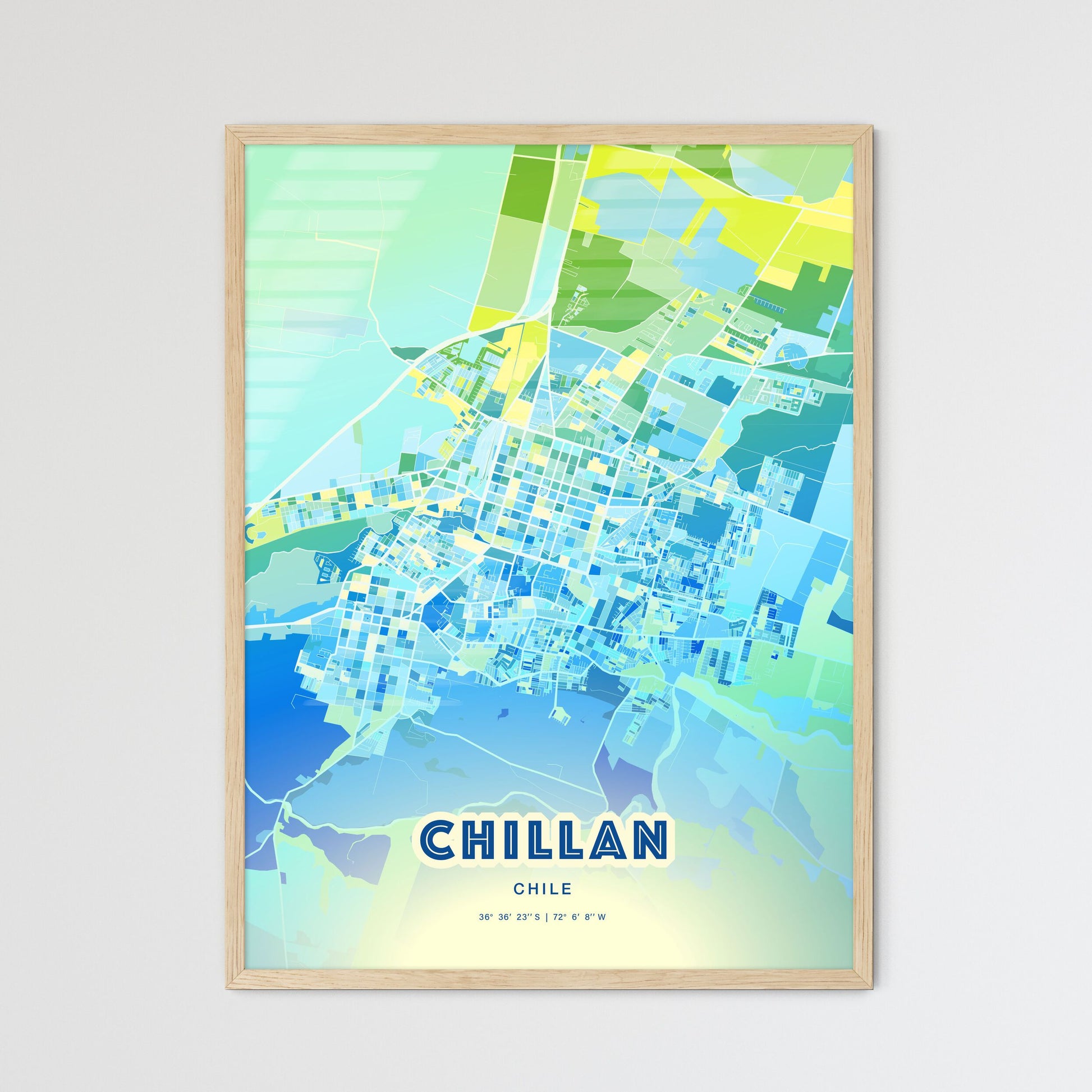 Colorful CHILLAN CHILE Fine Art Map Cool Blue