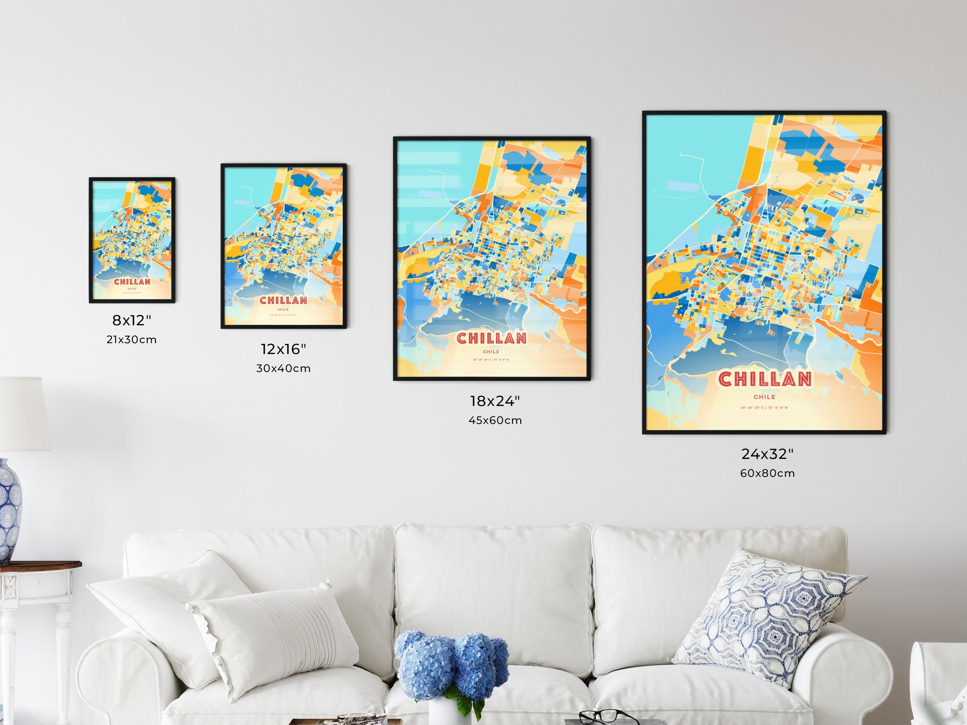 Colorful CHILLAN CHILE Fine Art Map Blue Orange