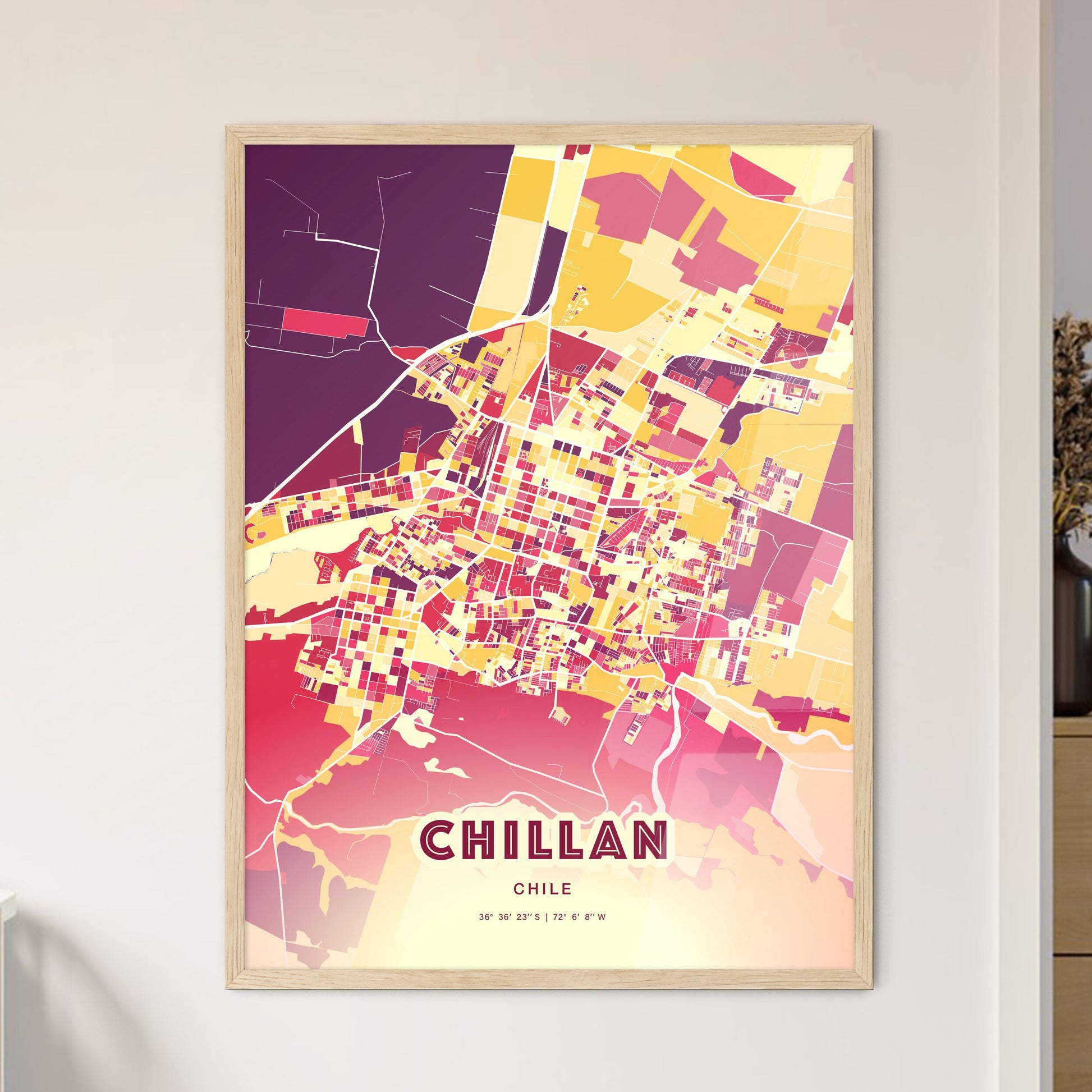 Colorful CHILLAN CHILE Fine Art Map Hot Red