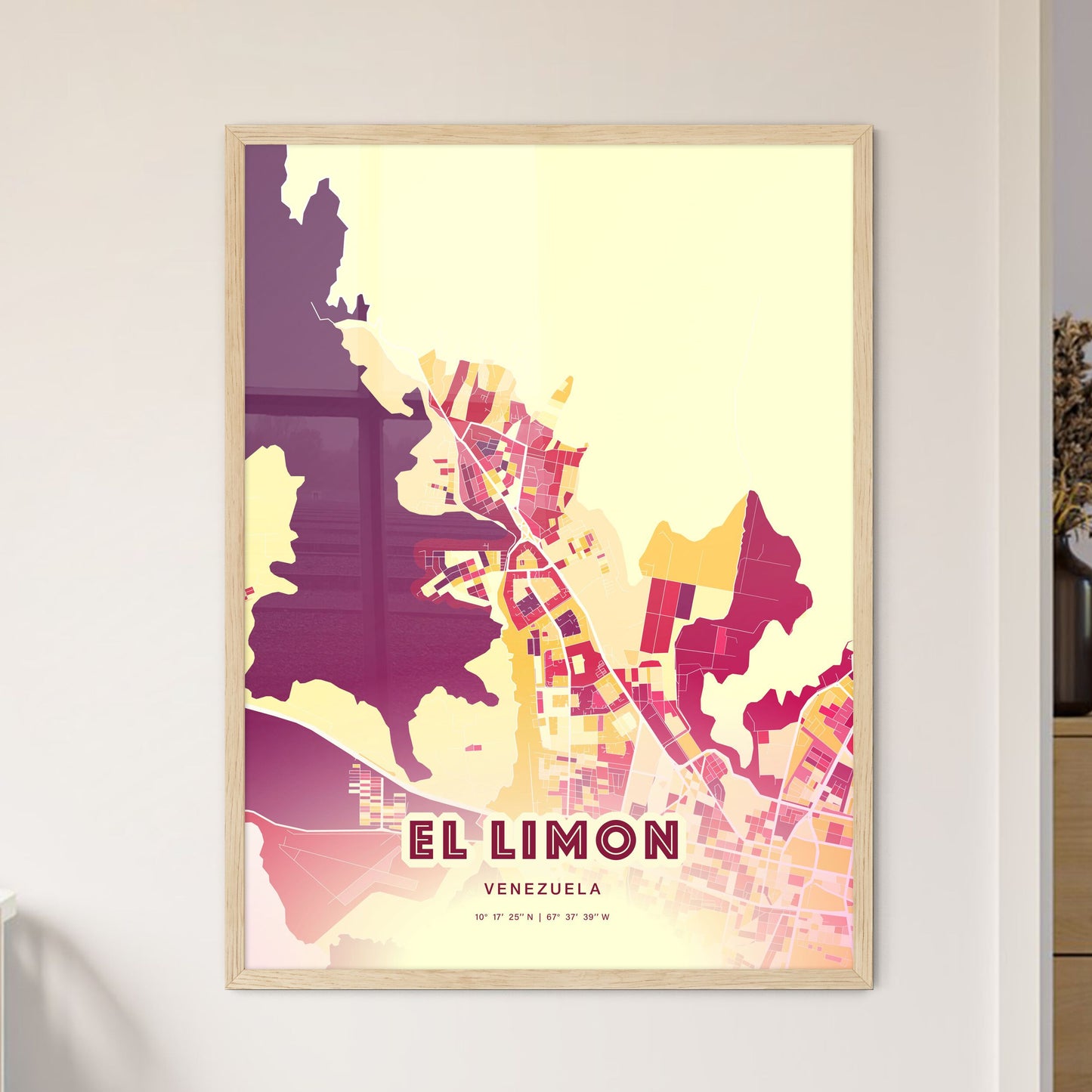 Colorful EL LIMON VENEZUELA Fine Art Map Hot Red