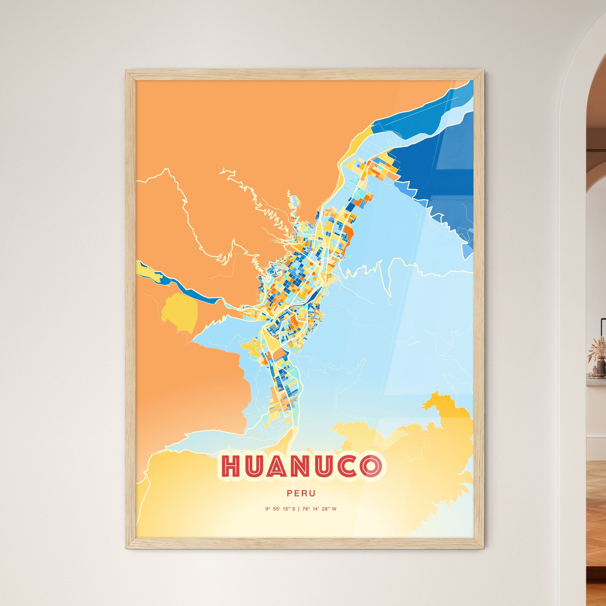 Colorful HUANUCO PERU Fine Art Map Blue Orange