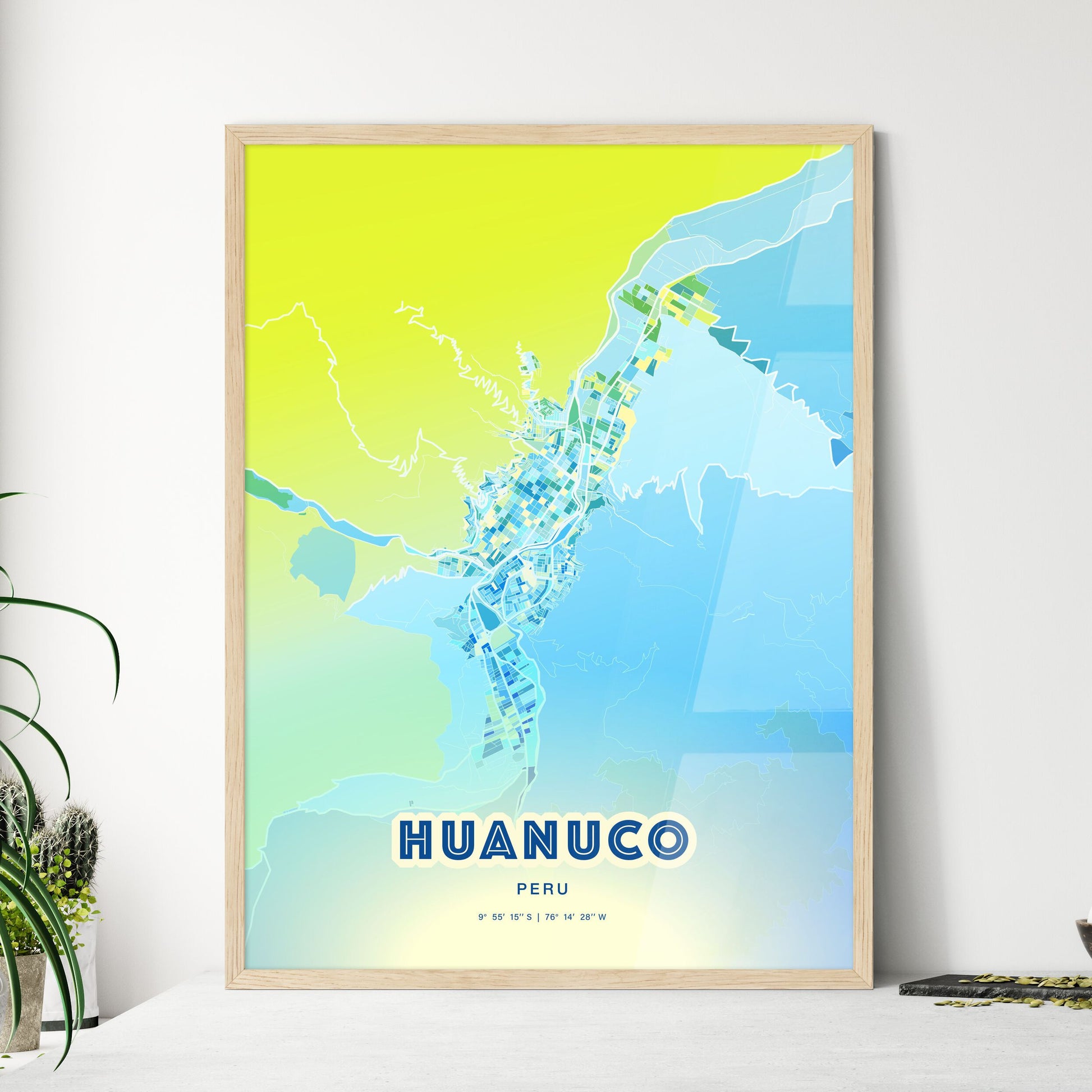 Colorful HUANUCO PERU Fine Art Map Cool Blue