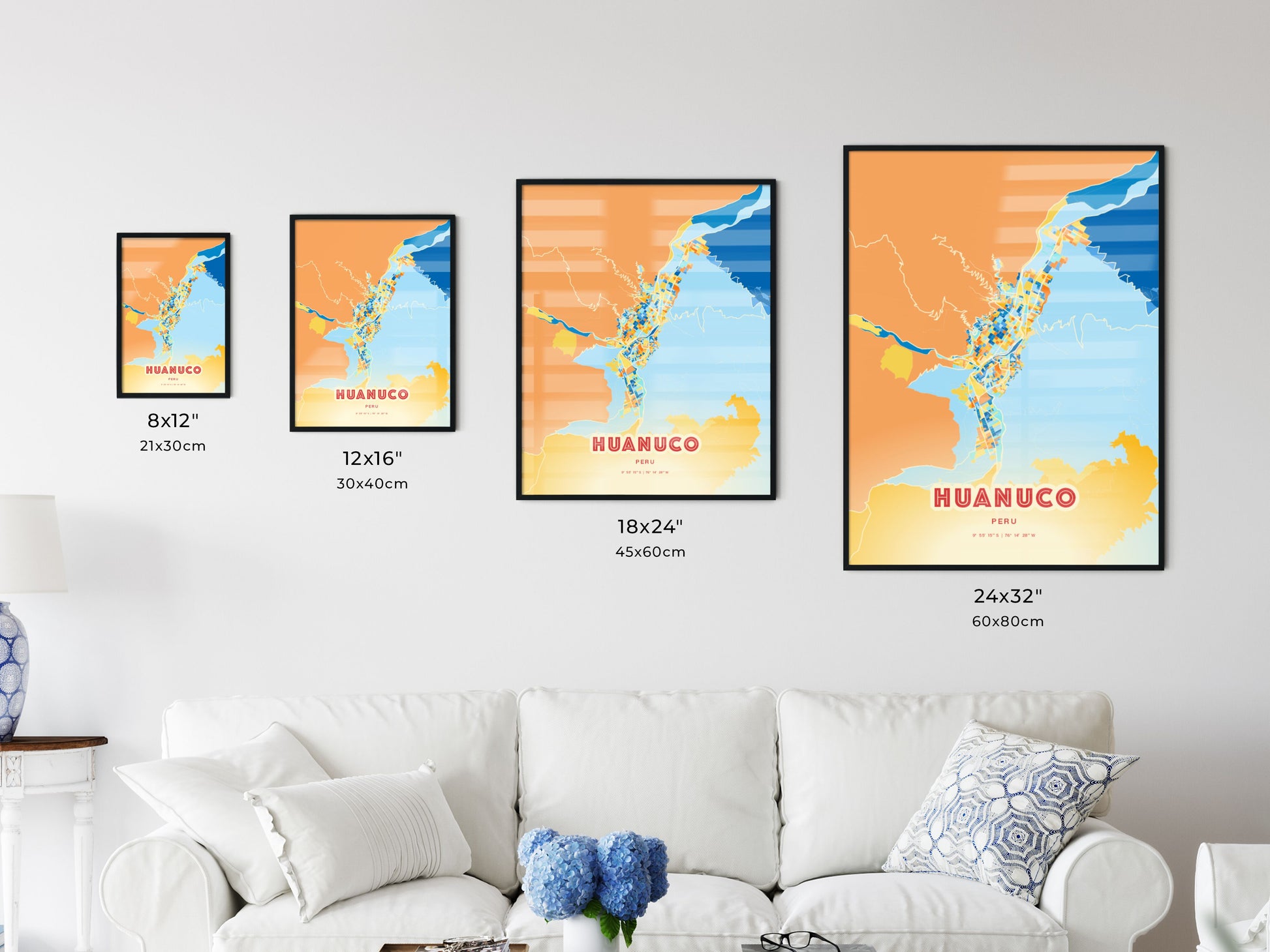 Colorful HUANUCO PERU Fine Art Map Blue Orange