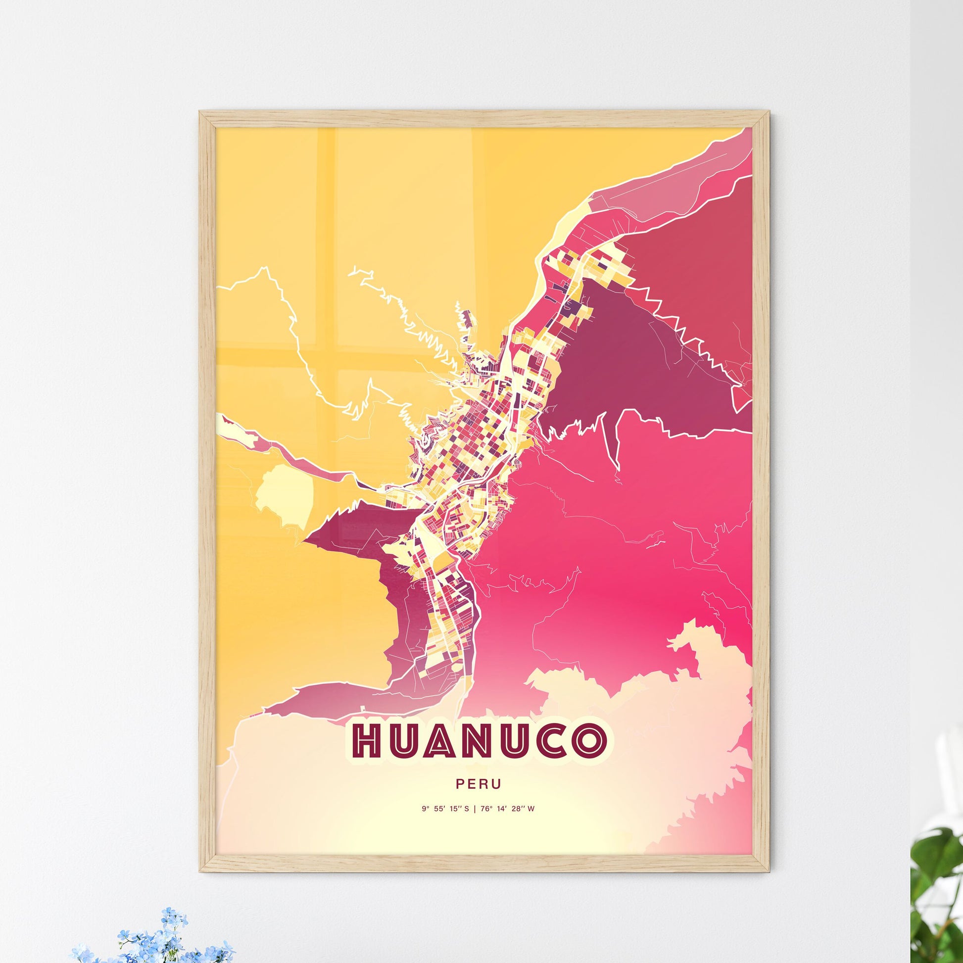 Colorful HUANUCO PERU Fine Art Map Hot Red