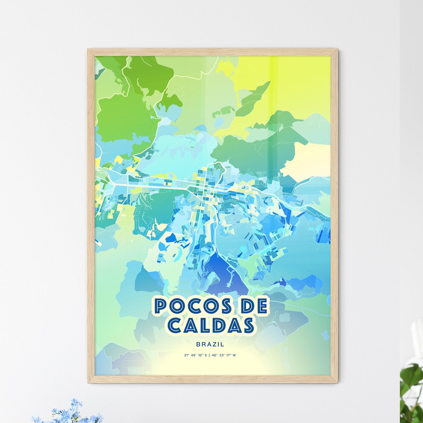 Colorful POCOS DE CALDAS BRAZIL Fine Art Map Cool Blue