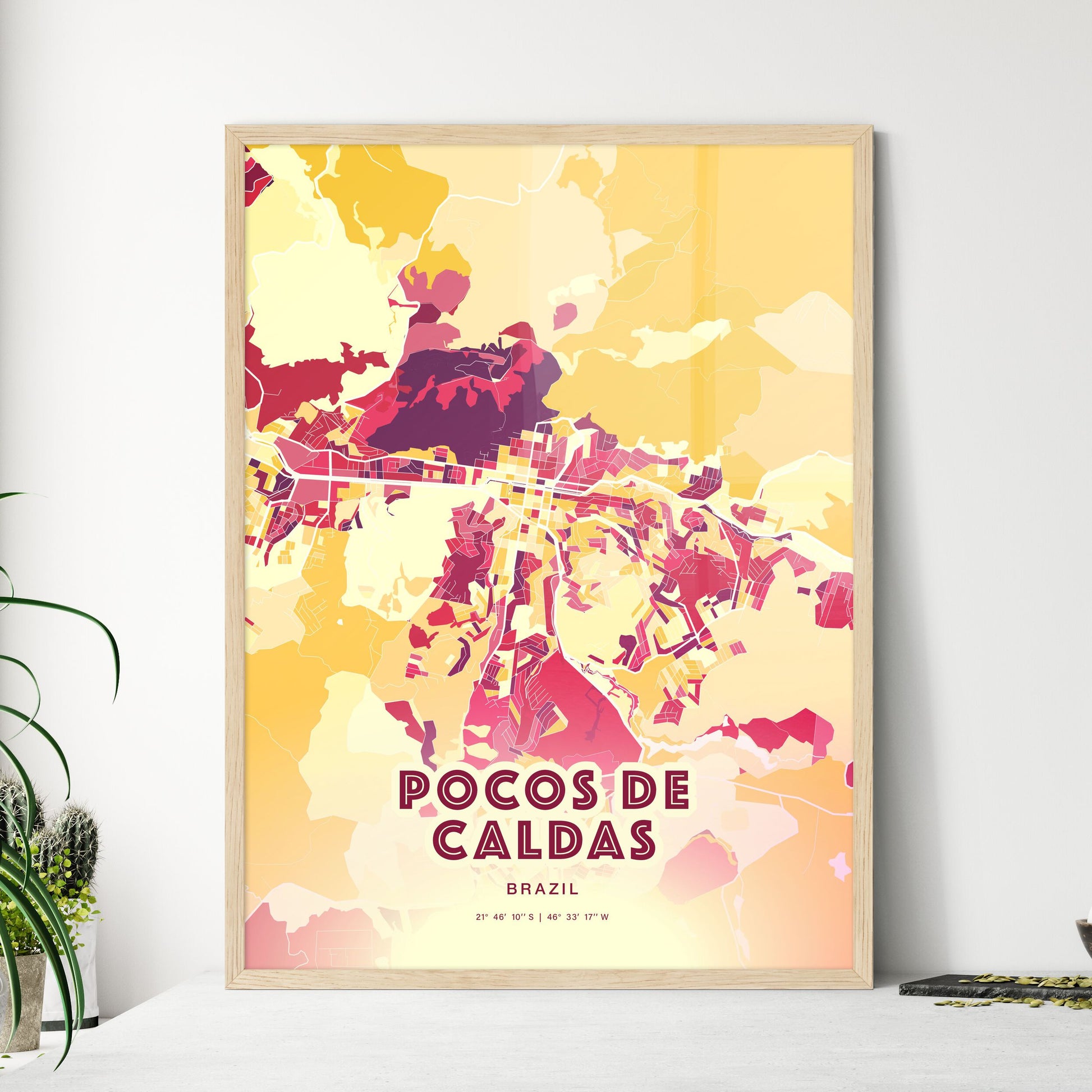 Colorful POCOS DE CALDAS BRAZIL Fine Art Map Hot Red