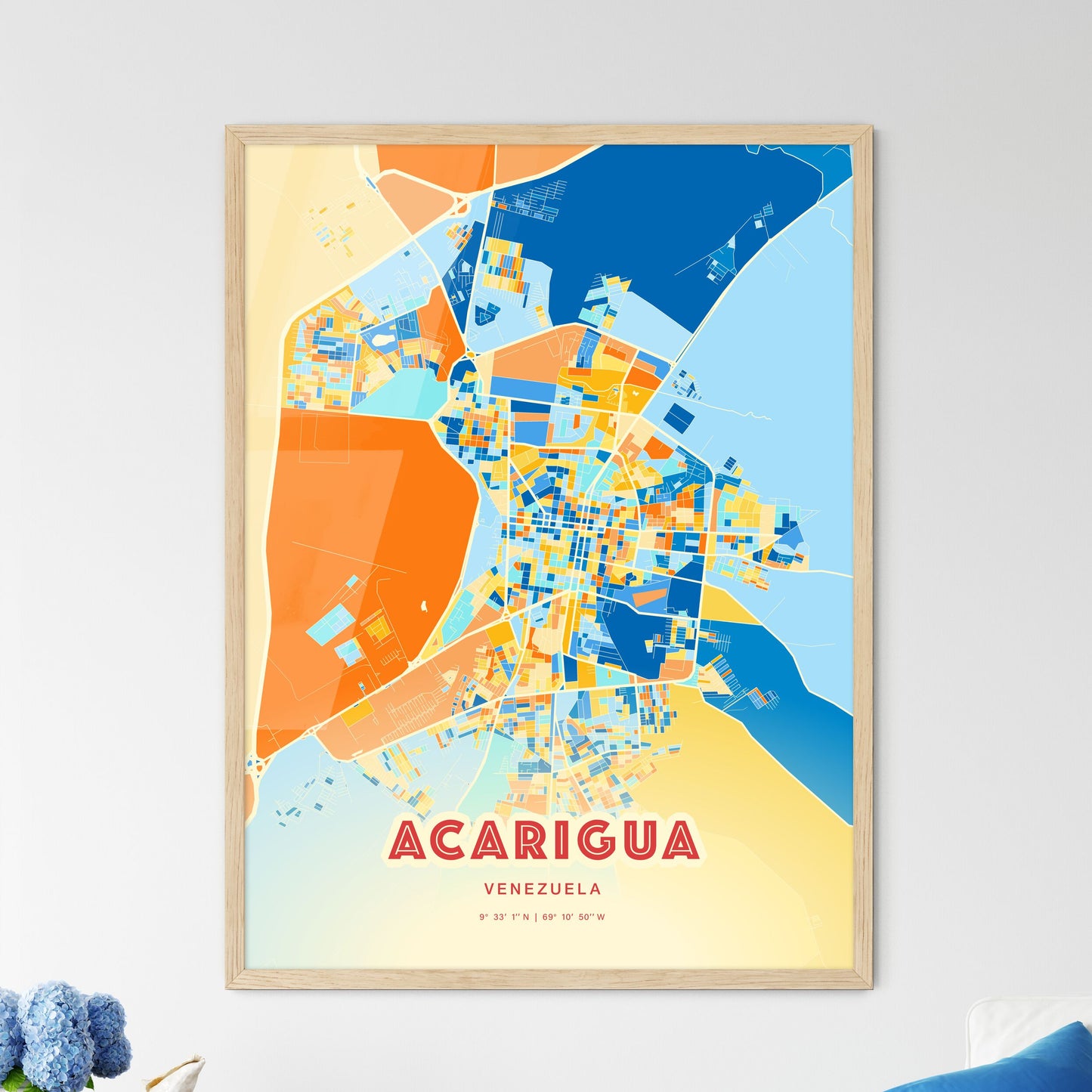 Colorful ACARIGUA VENEZUELA Fine Art Map Blue Orange