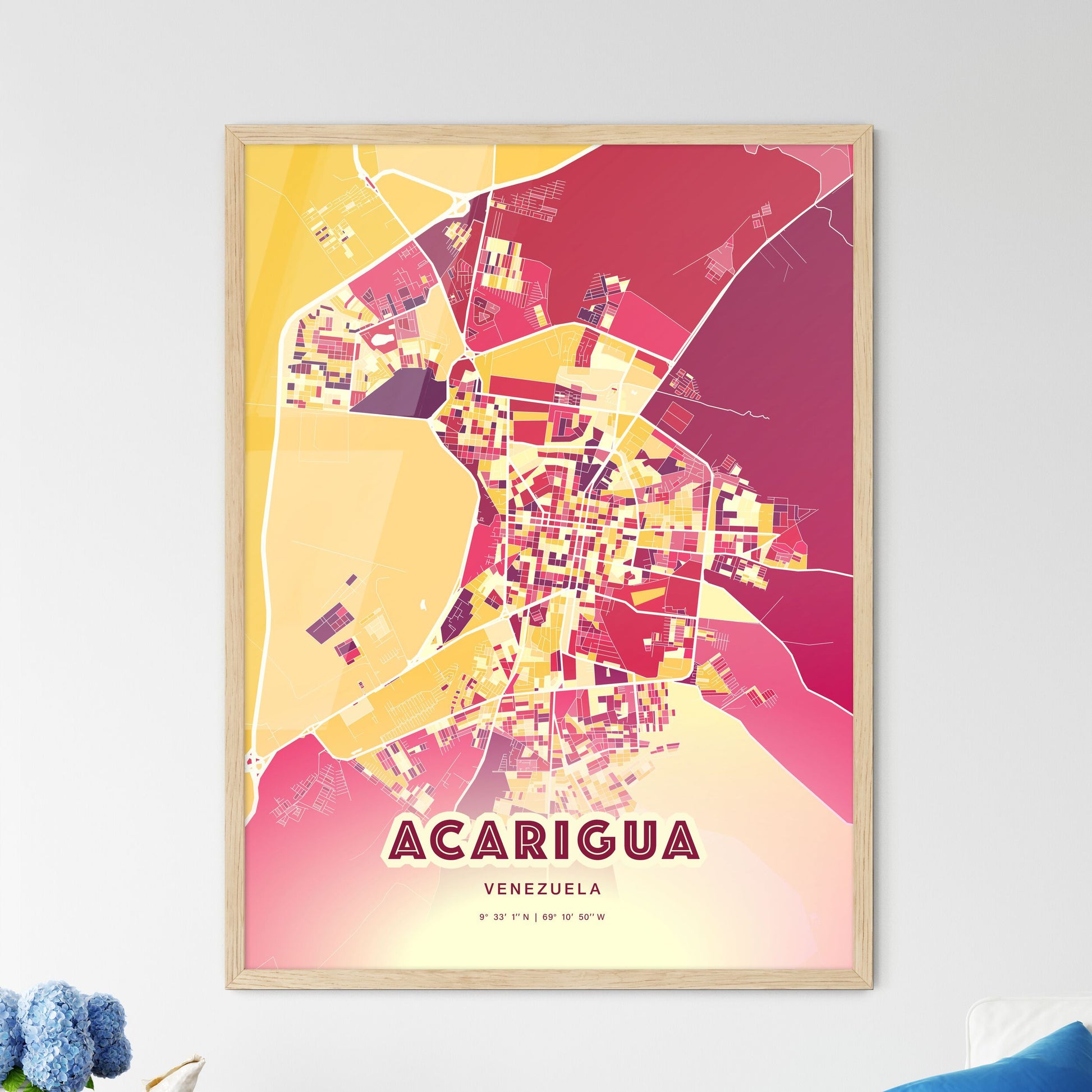 Colorful ACARIGUA VENEZUELA Fine Art Map Hot Red