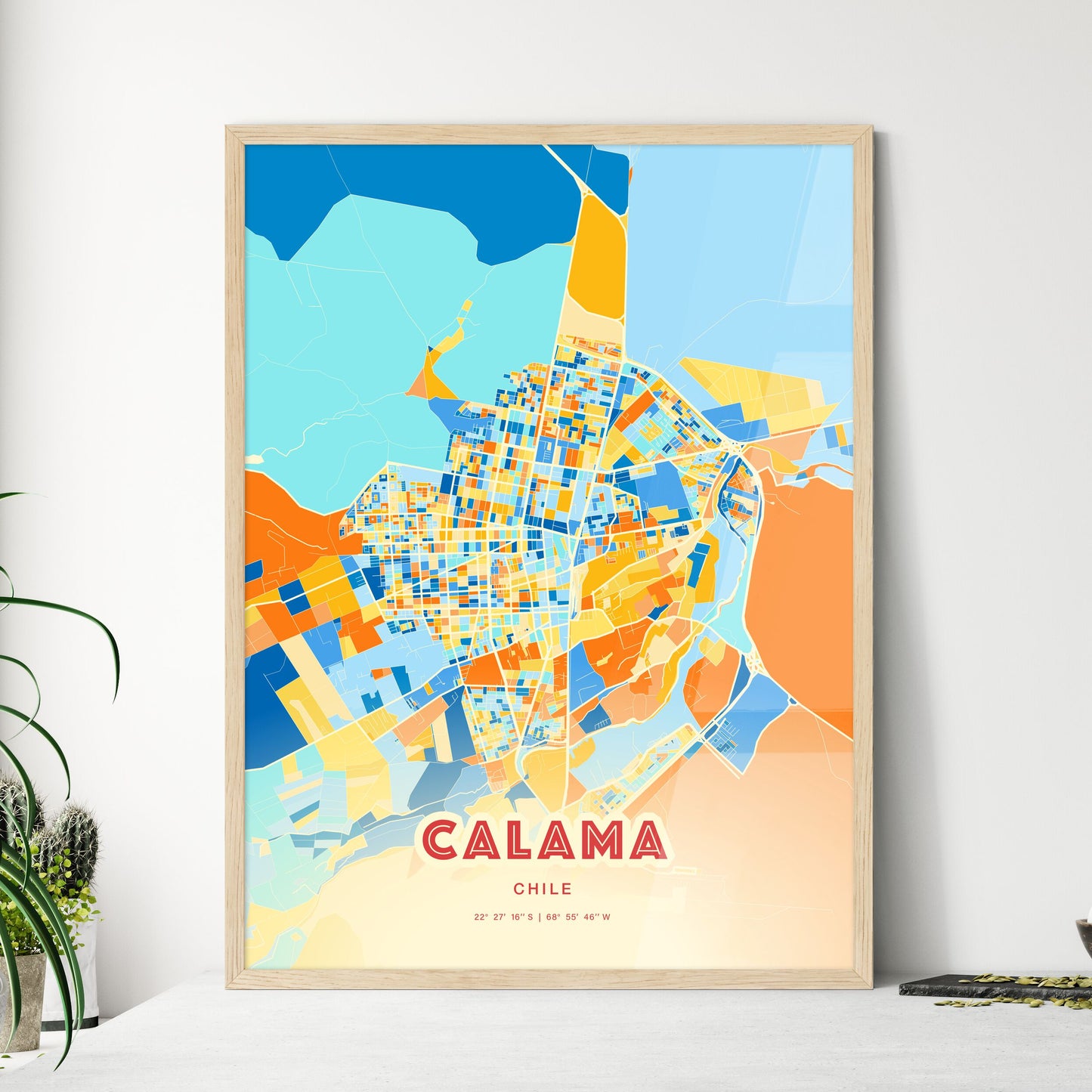 Colorful CALAMA CHILE Fine Art Map Blue Orange