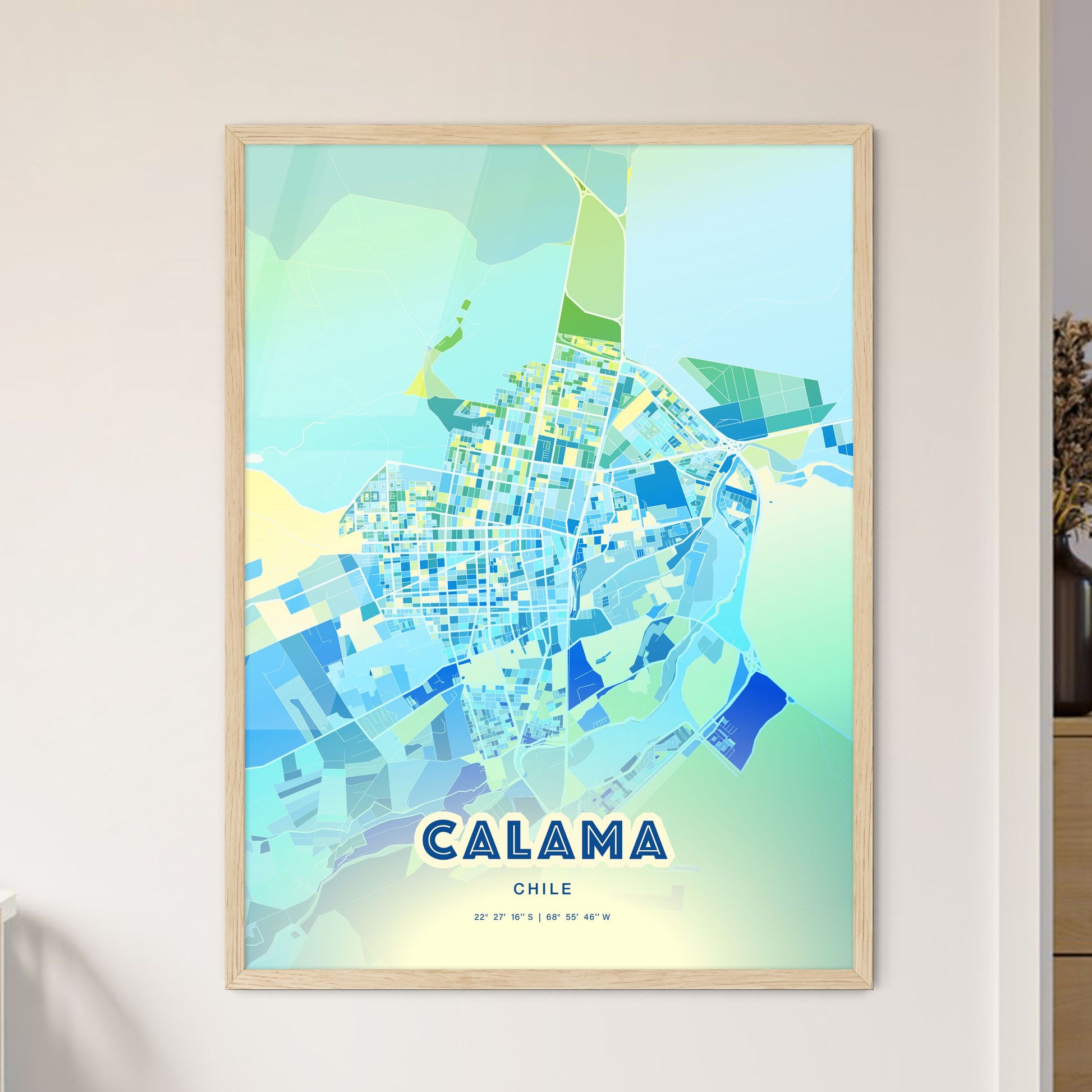 Colorful CALAMA CHILE Fine Art Map Cool Blue