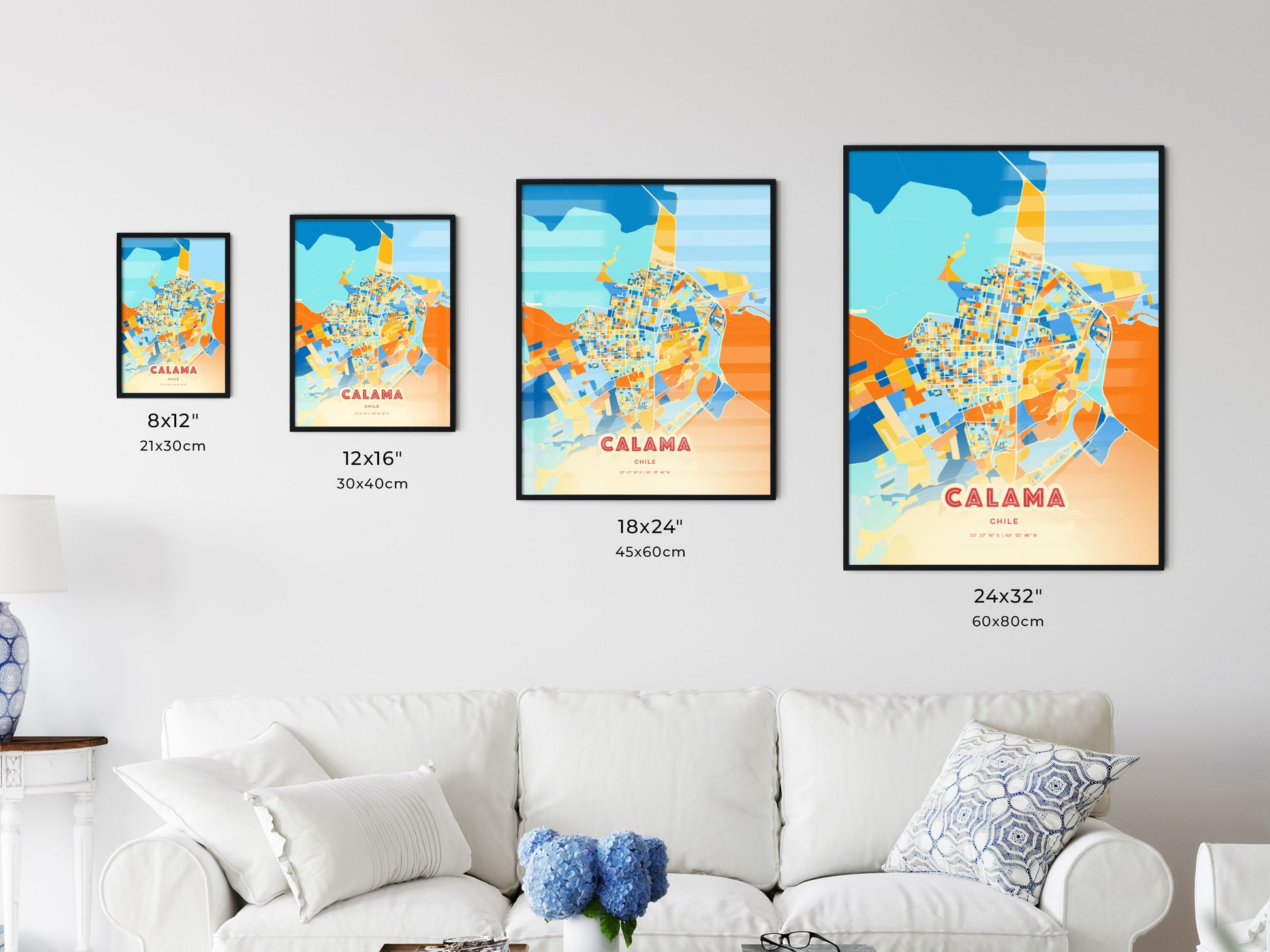 Colorful CALAMA CHILE Fine Art Map Blue Orange