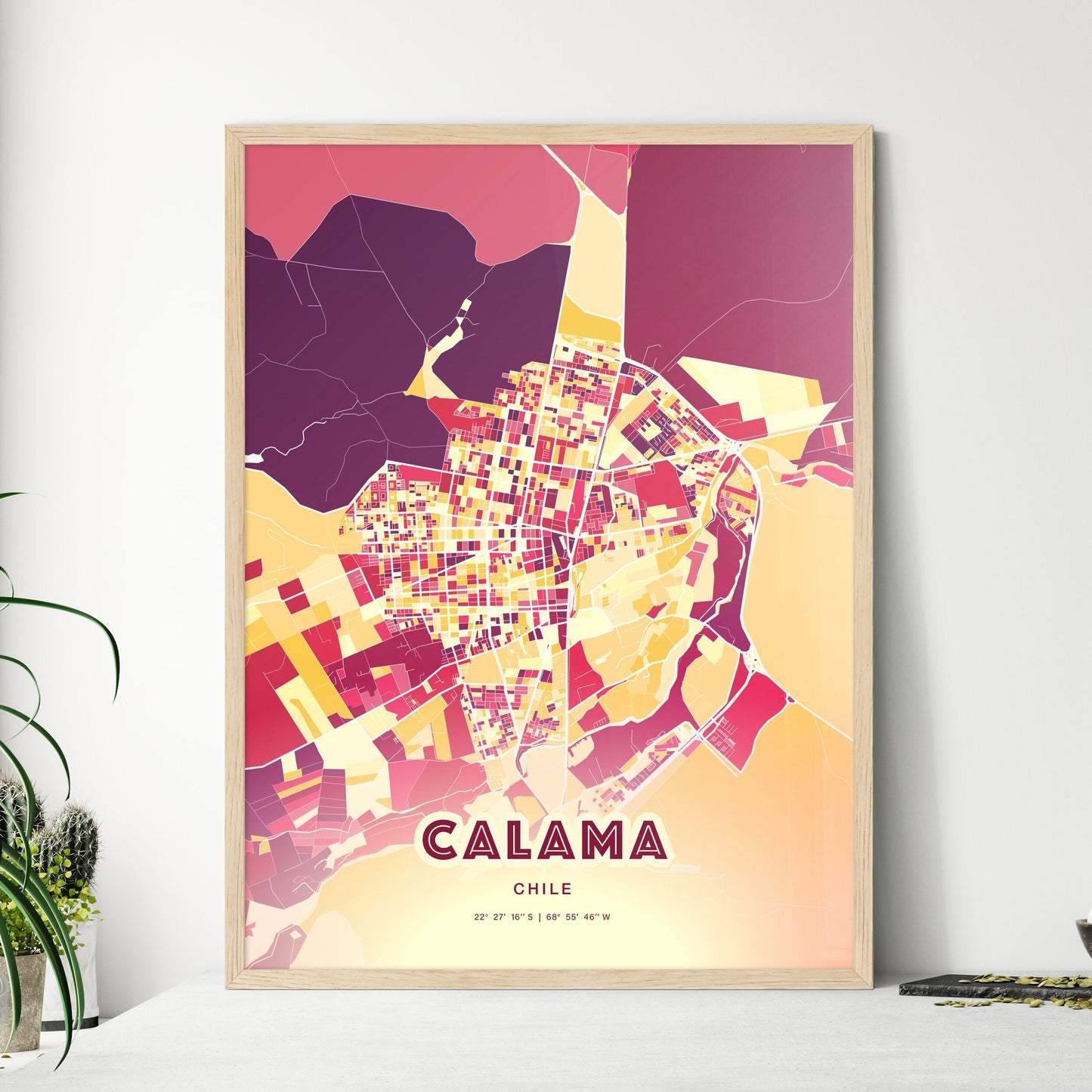 Colorful CALAMA CHILE Fine Art Map Hot Red