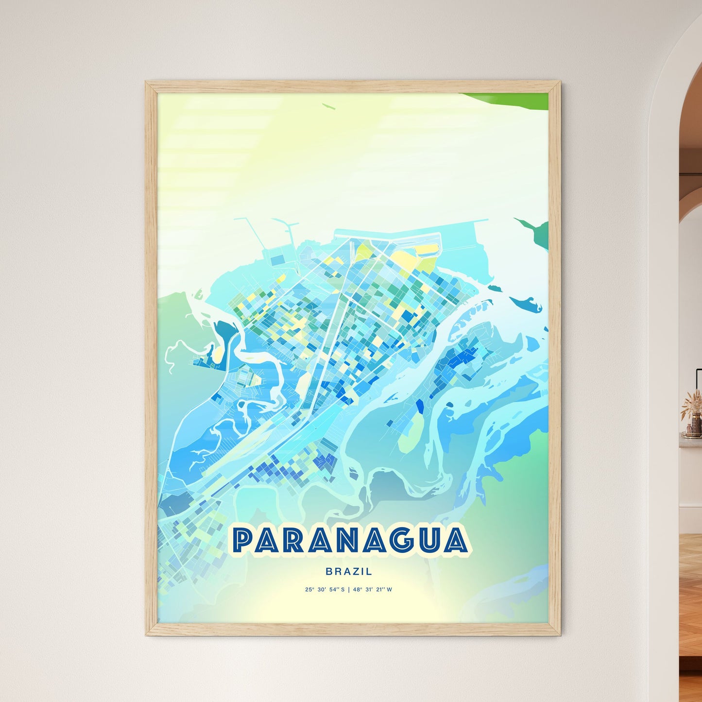 Colorful PARANAGUA BRAZIL Fine Art Map Cool Blue