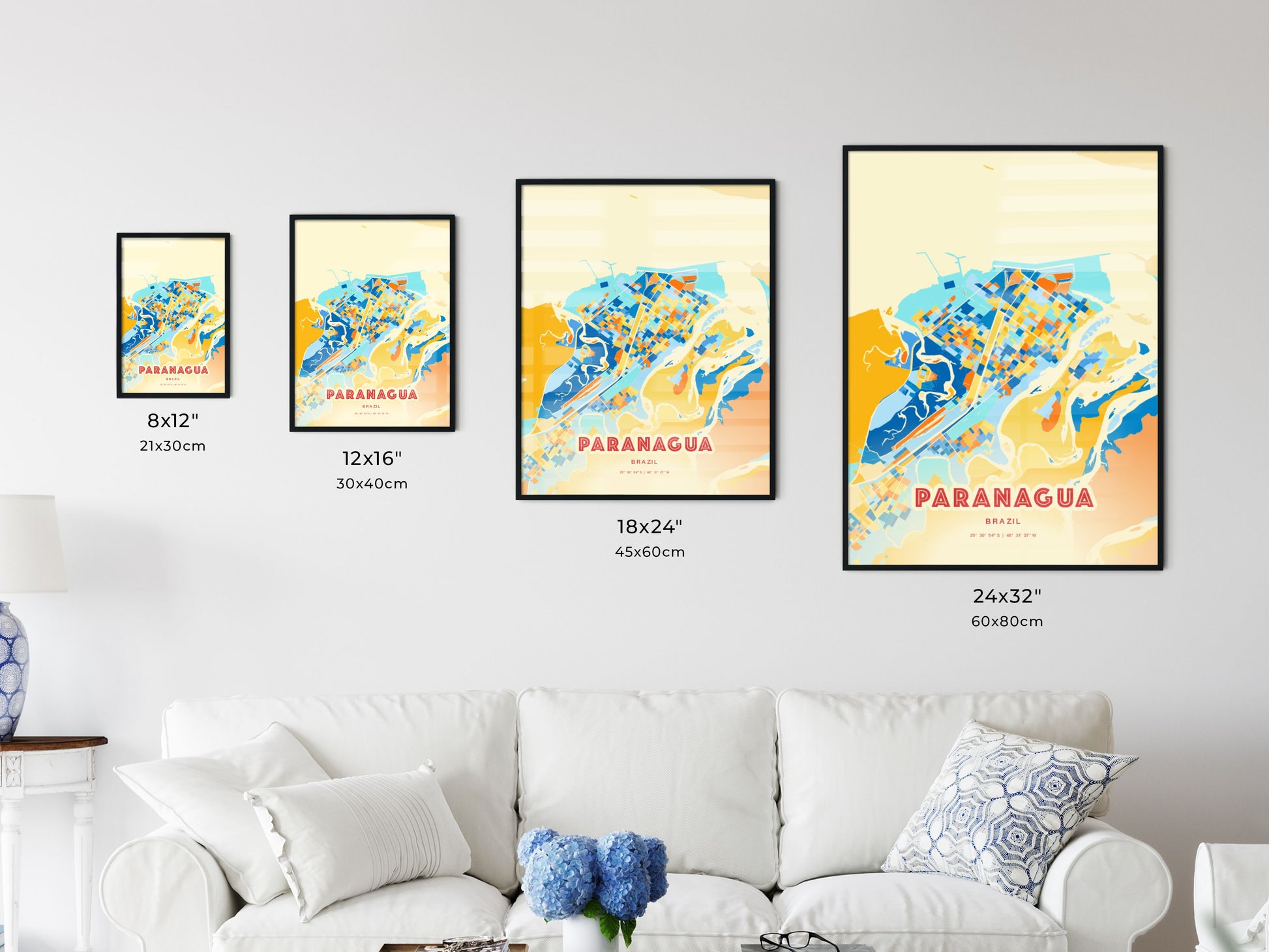 Colorful PARANAGUA BRAZIL Fine Art Map Blue Orange