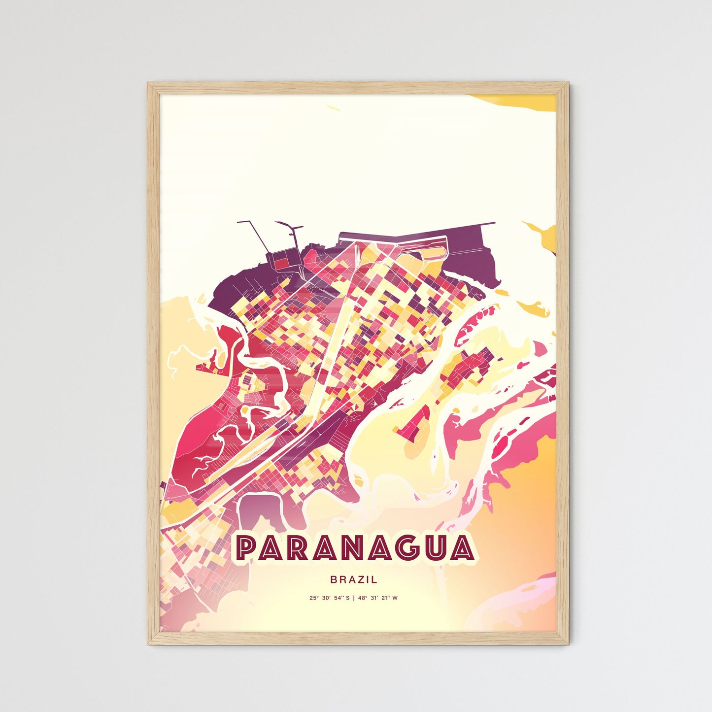 Colorful PARANAGUA BRAZIL Fine Art Map Hot Red