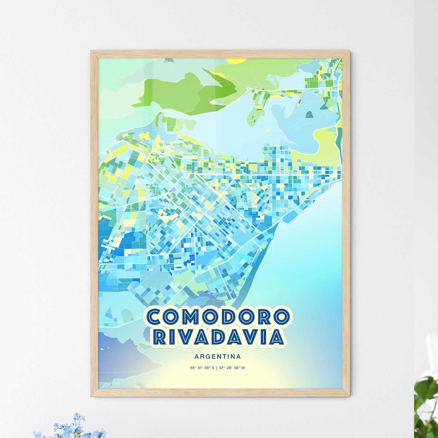 Colorful COMODORO RIVADAVIA ARGENTINA Fine Art Map Cool Blue