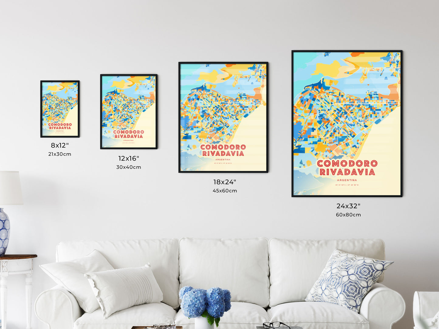 Colorful COMODORO RIVADAVIA ARGENTINA Fine Art Map Blue Orange