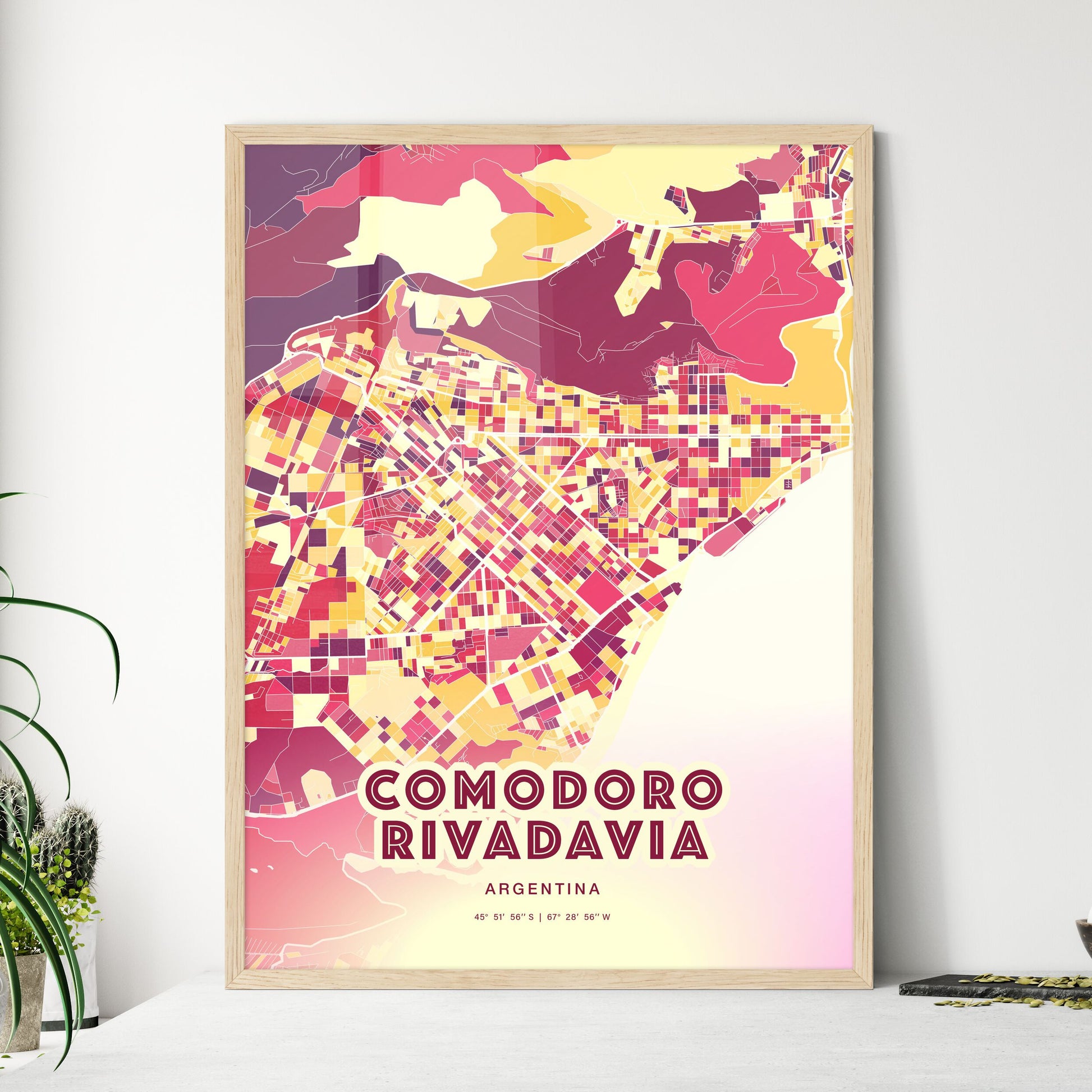 Colorful COMODORO RIVADAVIA ARGENTINA Fine Art Map Hot Red