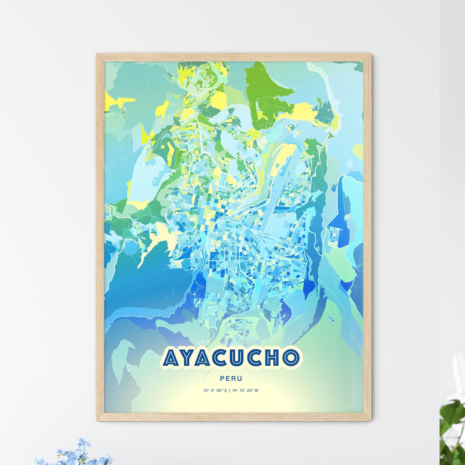 Colorful AYACUCHO PERU Fine Art Map Cool Blue