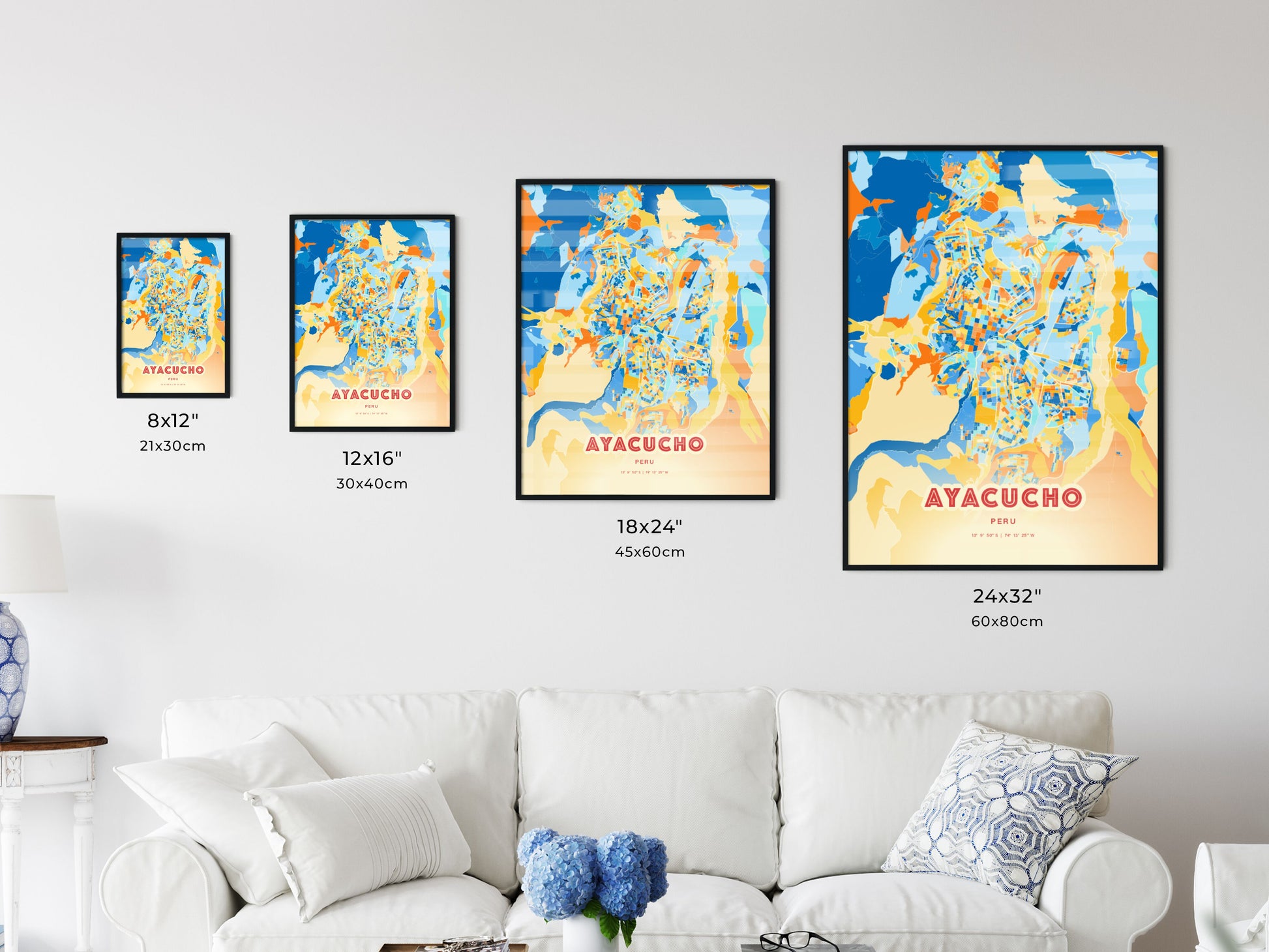 Colorful AYACUCHO PERU Fine Art Map Blue Orange