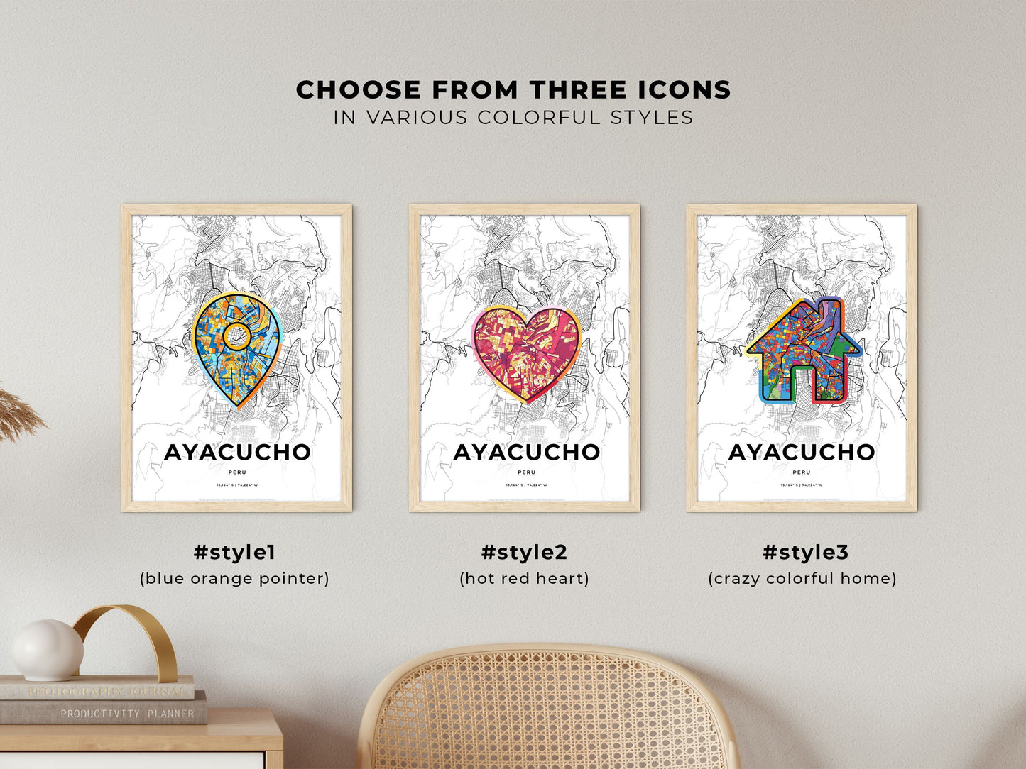 Ayacucho Peru maps with colorful icons