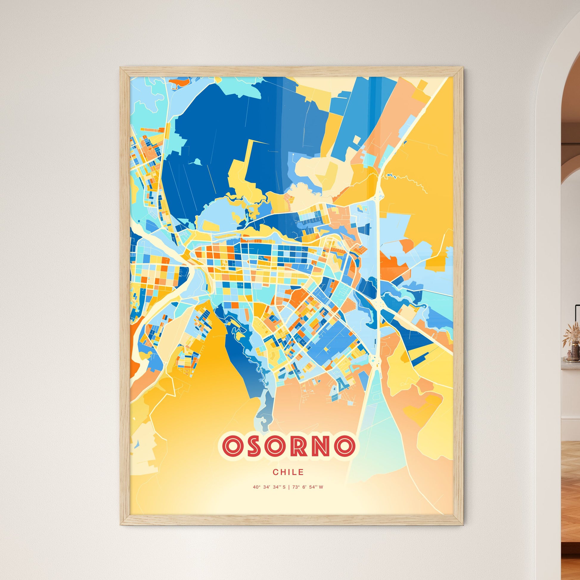 Colorful OSORNO CHILE Fine Art Map Blue Orange