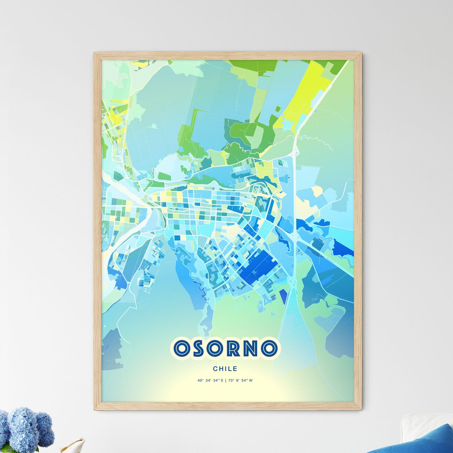 Colorful OSORNO CHILE Fine Art Map Cool Blue