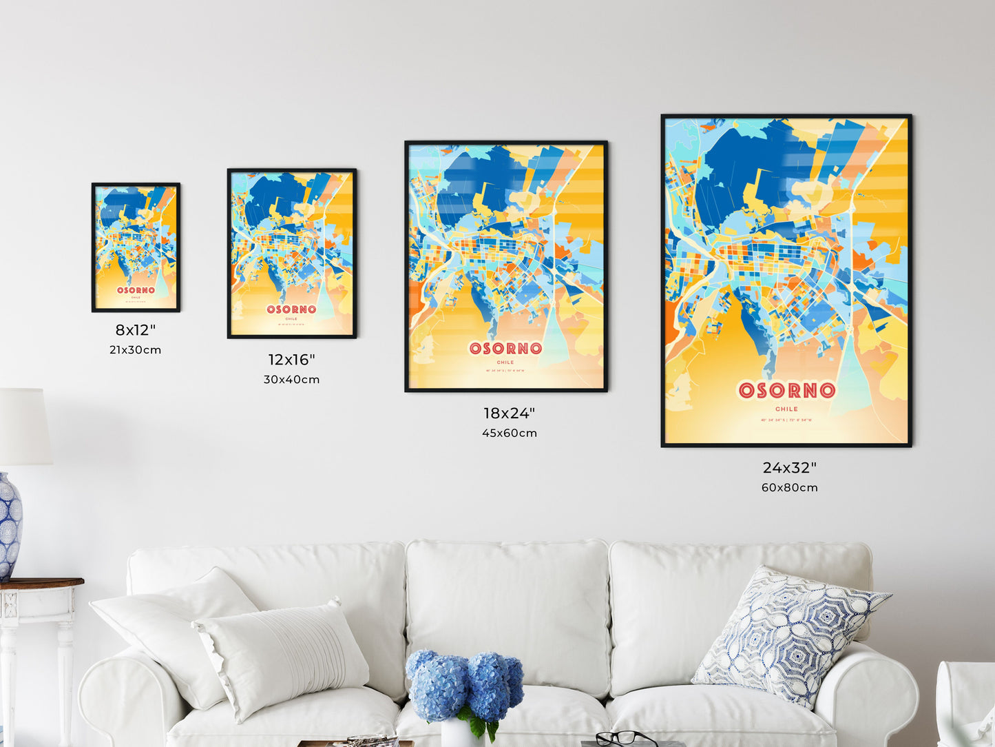 Colorful OSORNO CHILE Fine Art Map Blue Orange