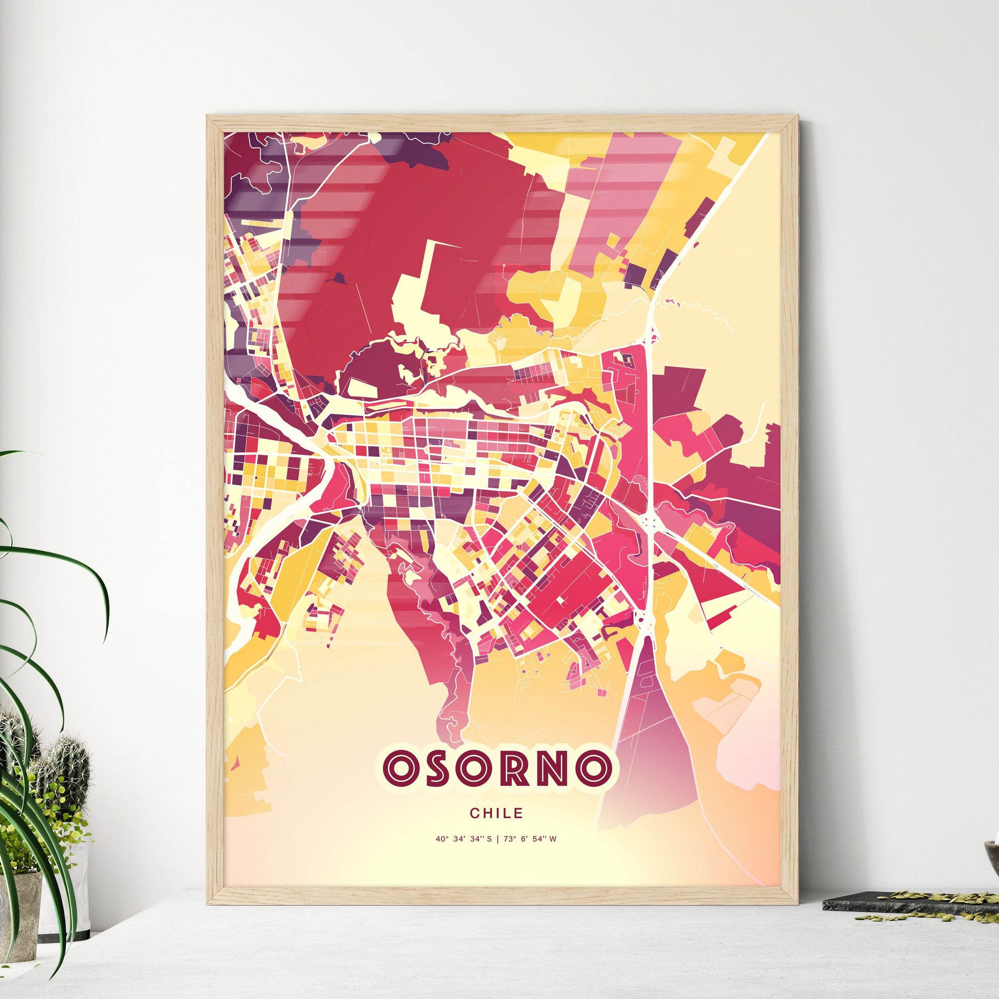 Colorful OSORNO CHILE Fine Art Map Hot Red