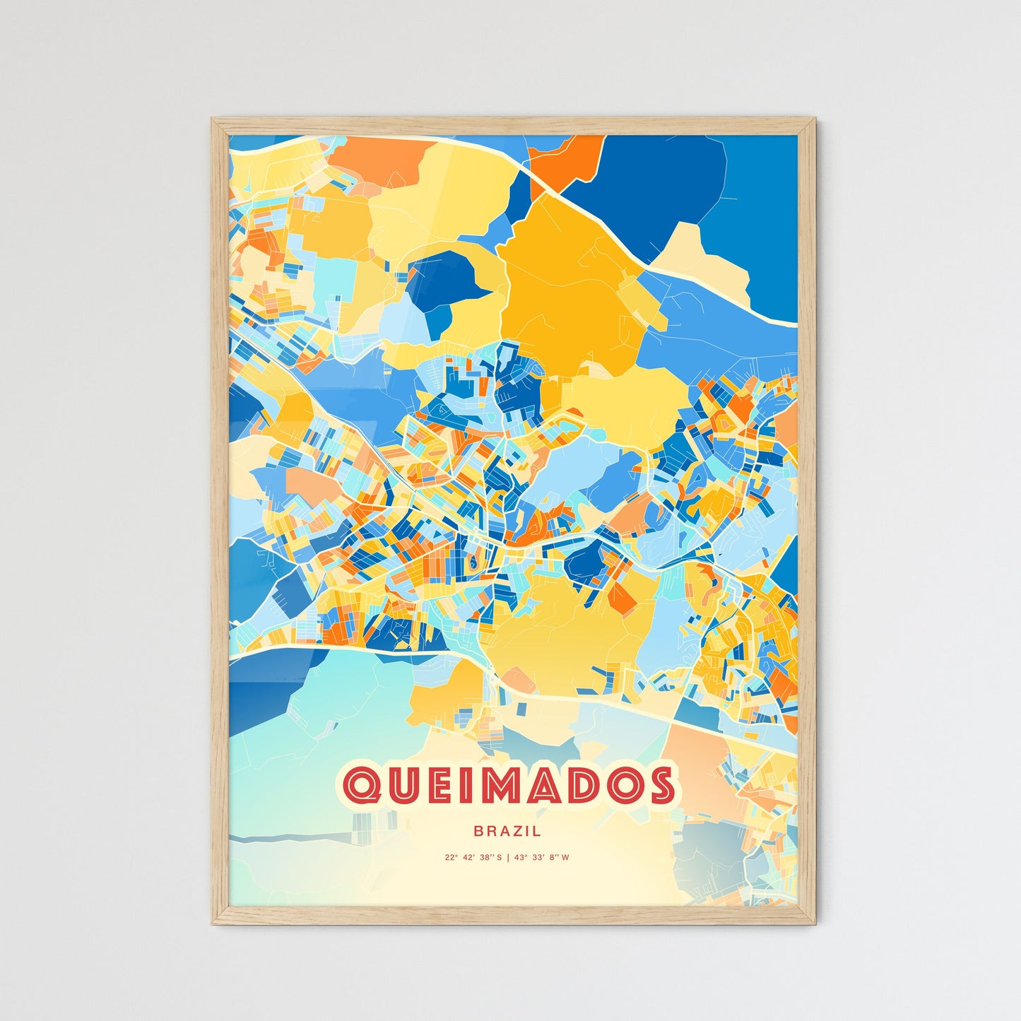 Colorful QUEIMADOS BRAZIL Fine Art Map Blue Orange