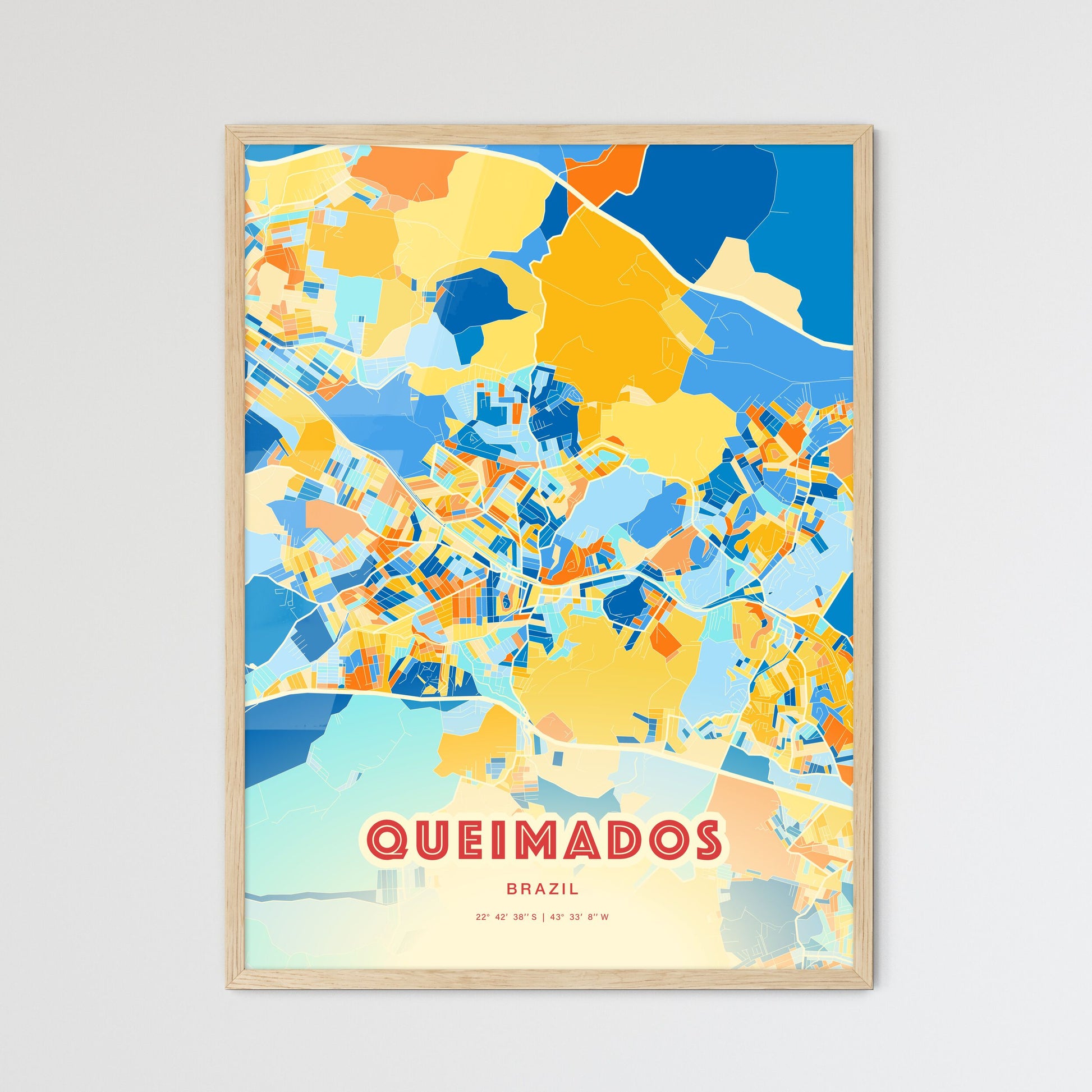 Colorful QUEIMADOS BRAZIL Fine Art Map Blue Orange