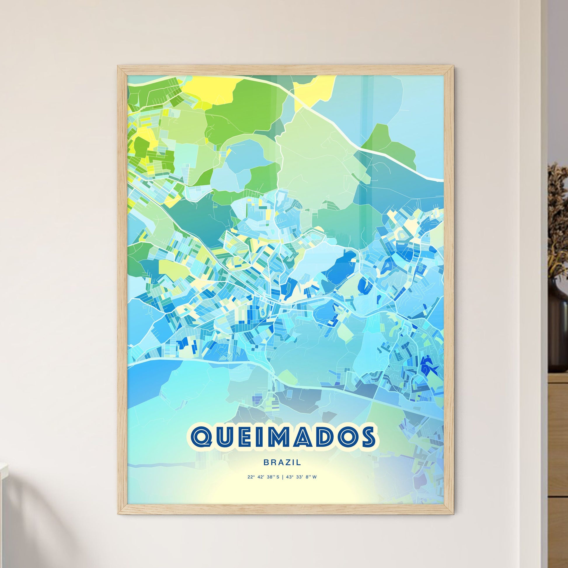 Colorful QUEIMADOS BRAZIL Fine Art Map Cool Blue