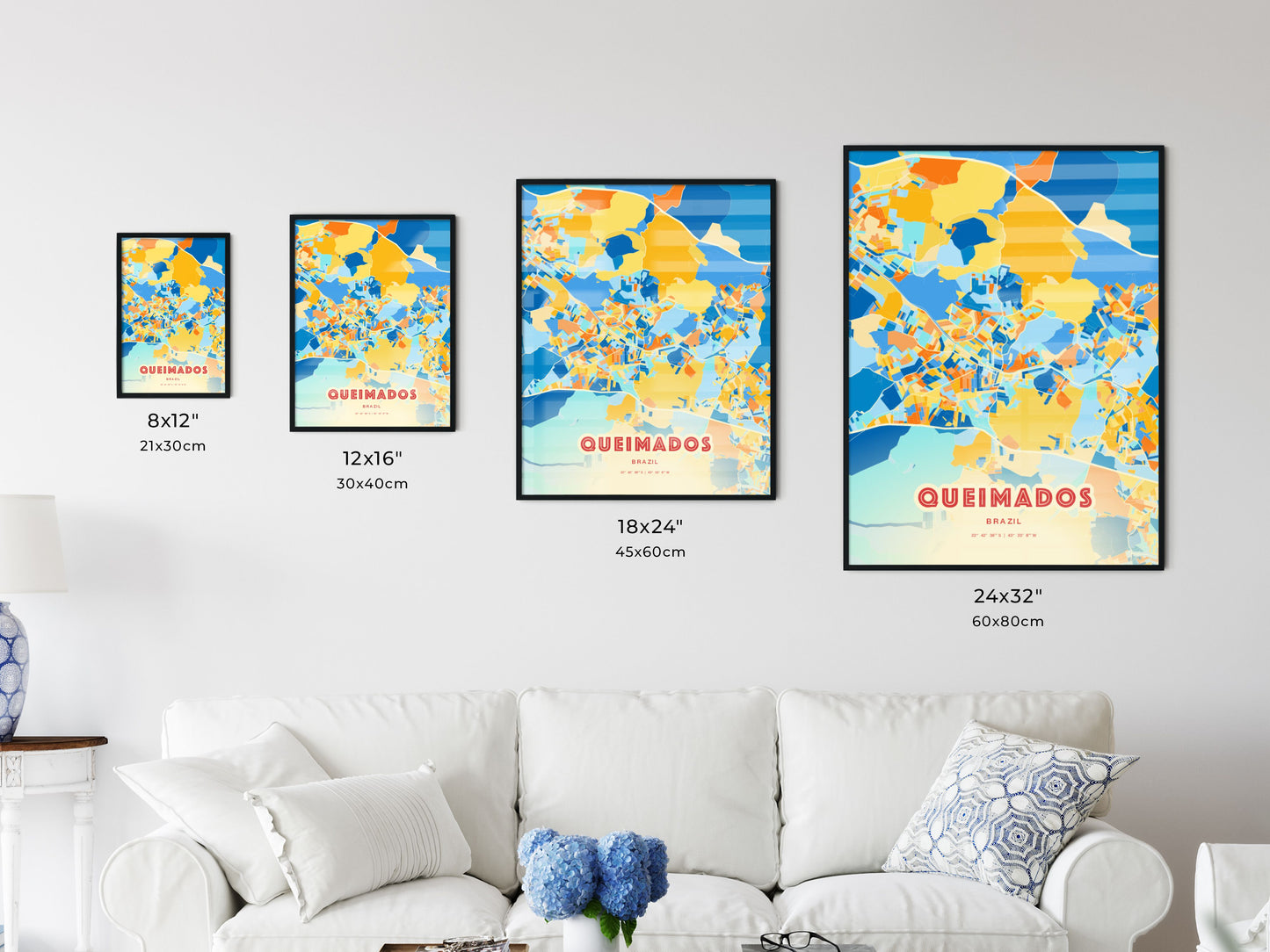 Colorful QUEIMADOS BRAZIL Fine Art Map Blue Orange