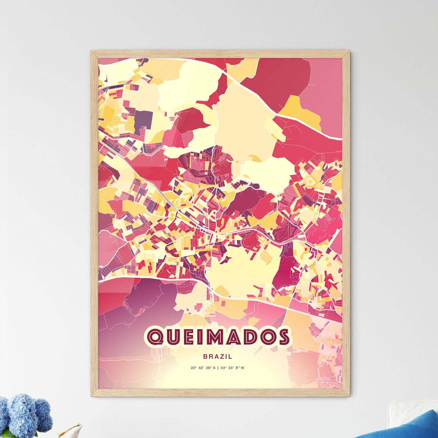 Colorful QUEIMADOS BRAZIL Fine Art Map Hot Red