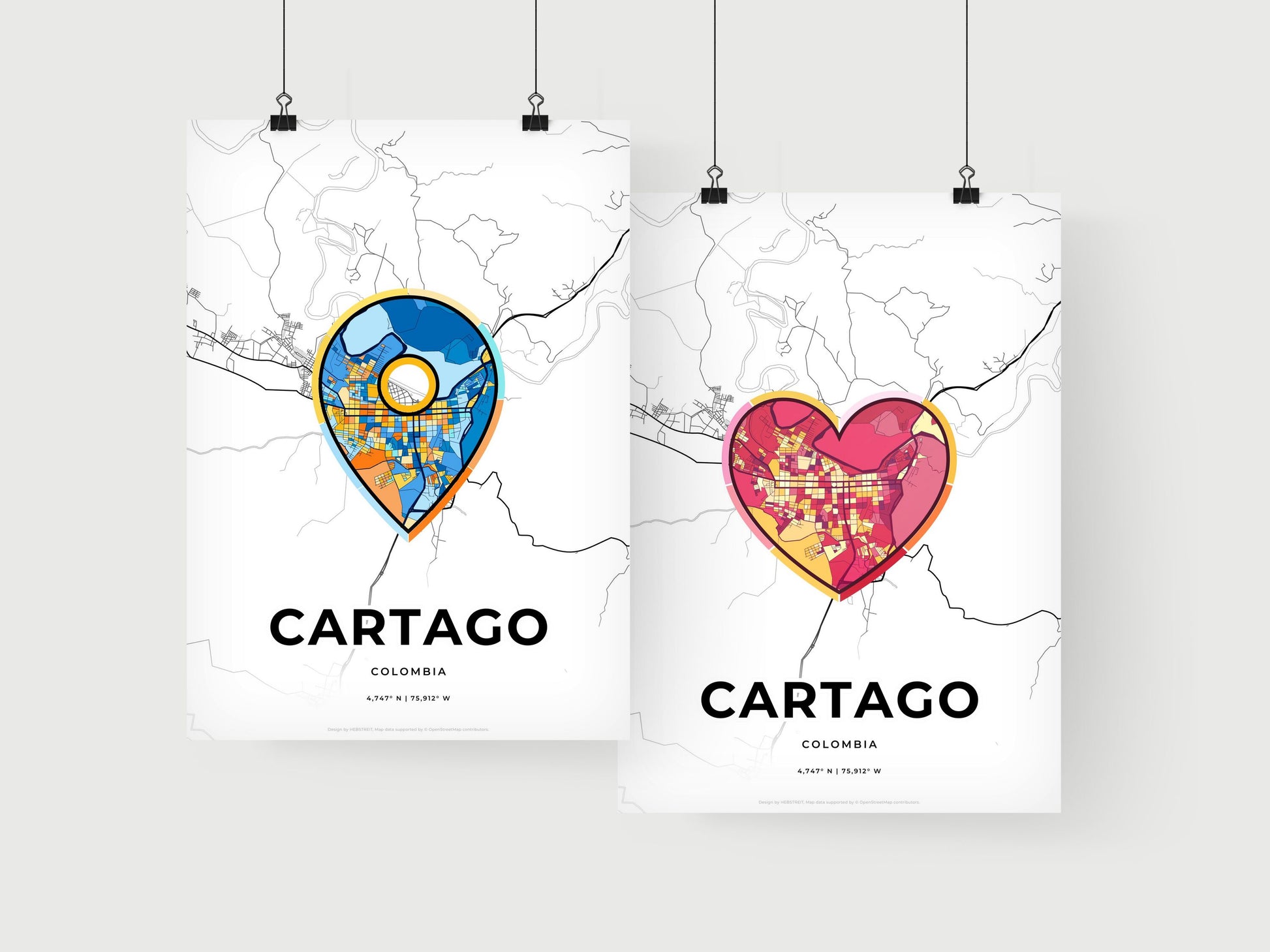 CARTAGO COLOMBIA minimal art map with a colorful icon. Where it all began, Couple map gift.