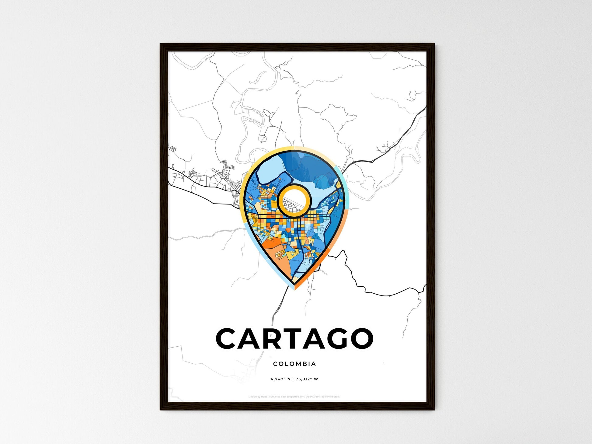 CARTAGO COLOMBIA minimal art map with a colorful icon. Where it all began, Couple map gift. Style 1